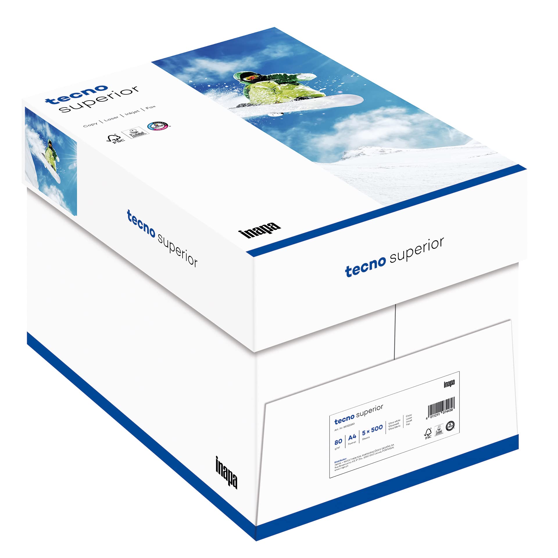 inapa Drucker-/ Kopierpapier tecno Superior: 80 g/m², A3, 2.500 Blatt (5x500), hochweiß