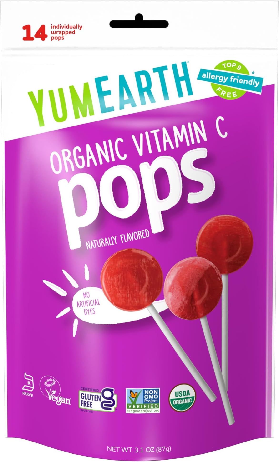YumEarth Organic Vitamin-C Pops, 14 count, Allergy Friendly, Gluten Free, Non-GMO, Vegan, No Artificial Flavors or Dyes