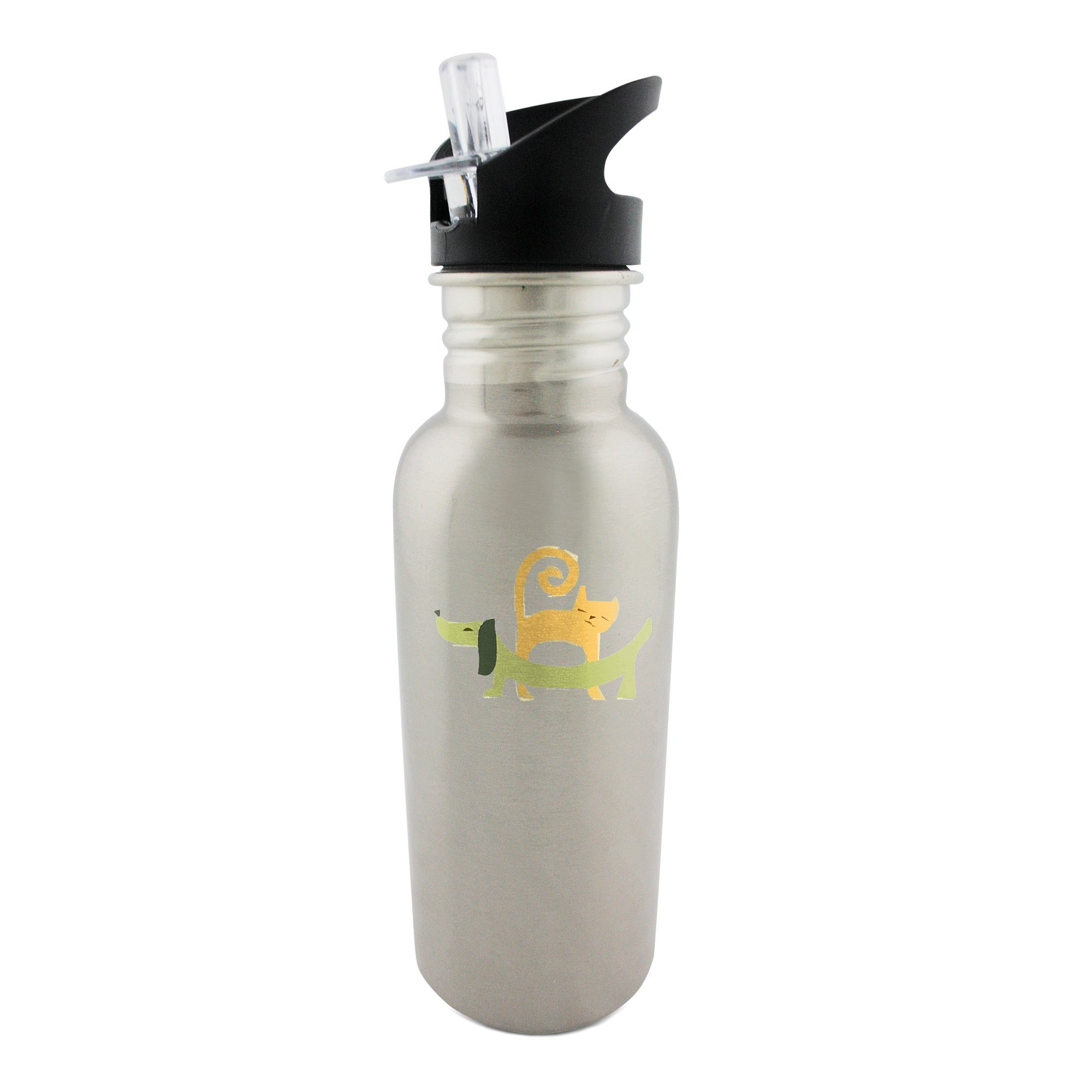 Gato, color amarillo y verde de perro salchicha perro. Acero inoxidable 600 ml botella con pajita