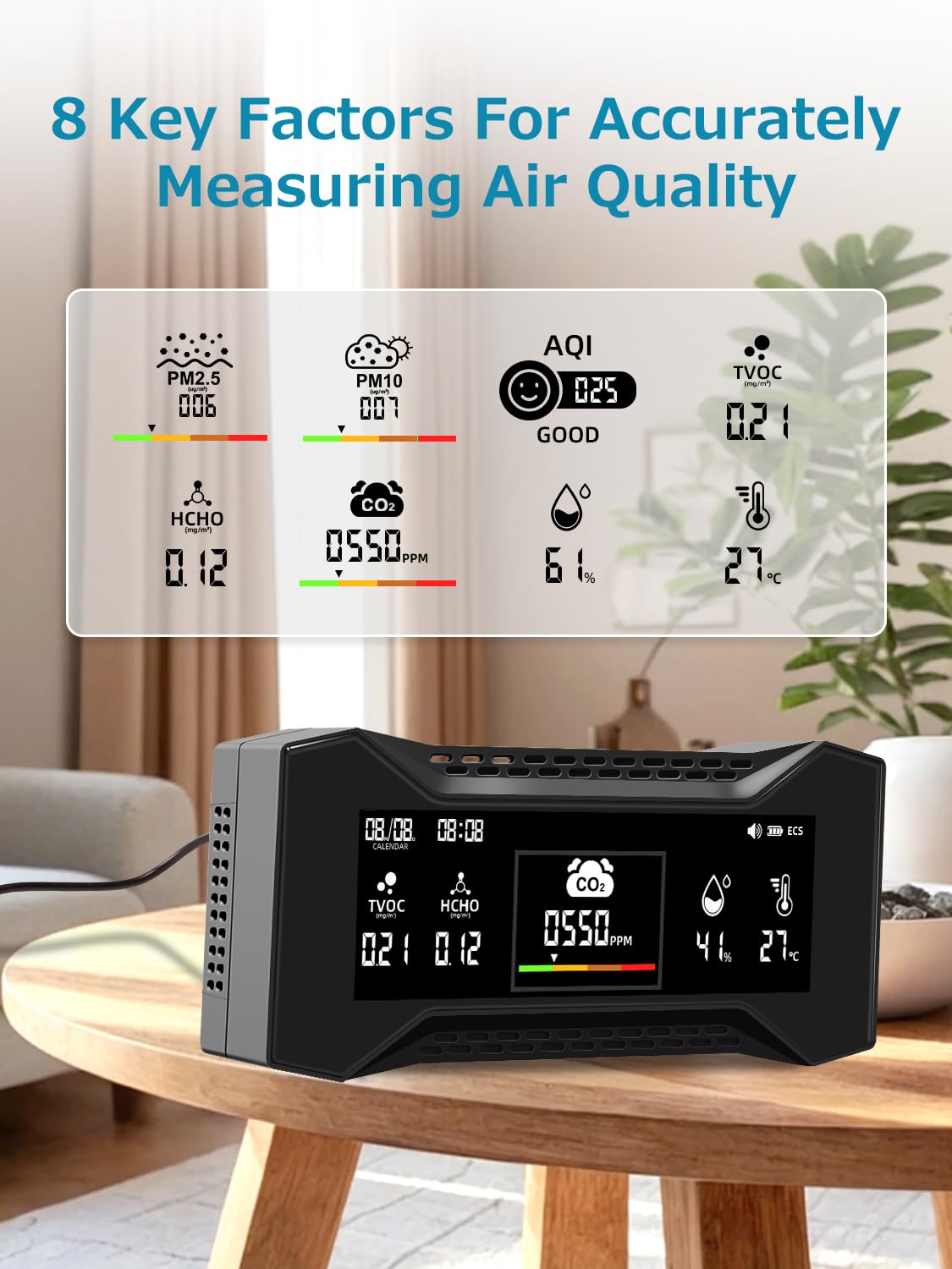 CF-20 monitor della qualità dell'aria 10 in 1 è un misuratore di alta precisione PM2.5 PM10 CO2 HCHO TVOC con 6 indicatori visivi AQI, display a doppia pagina, ricaricabile per casa e ufficio (1 PCS)