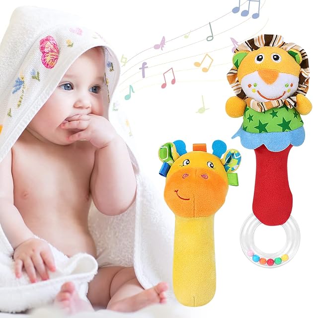 Baby Rattle Sensory Toys, 2 Pack Rattles Shaker Soft Stuffed Animal Bell Toys Infant Developmental Hand Grip with Molar Teether Rings for Newborn Babies Toddler 0 3 6 9 12 (Lion/Giraffe)