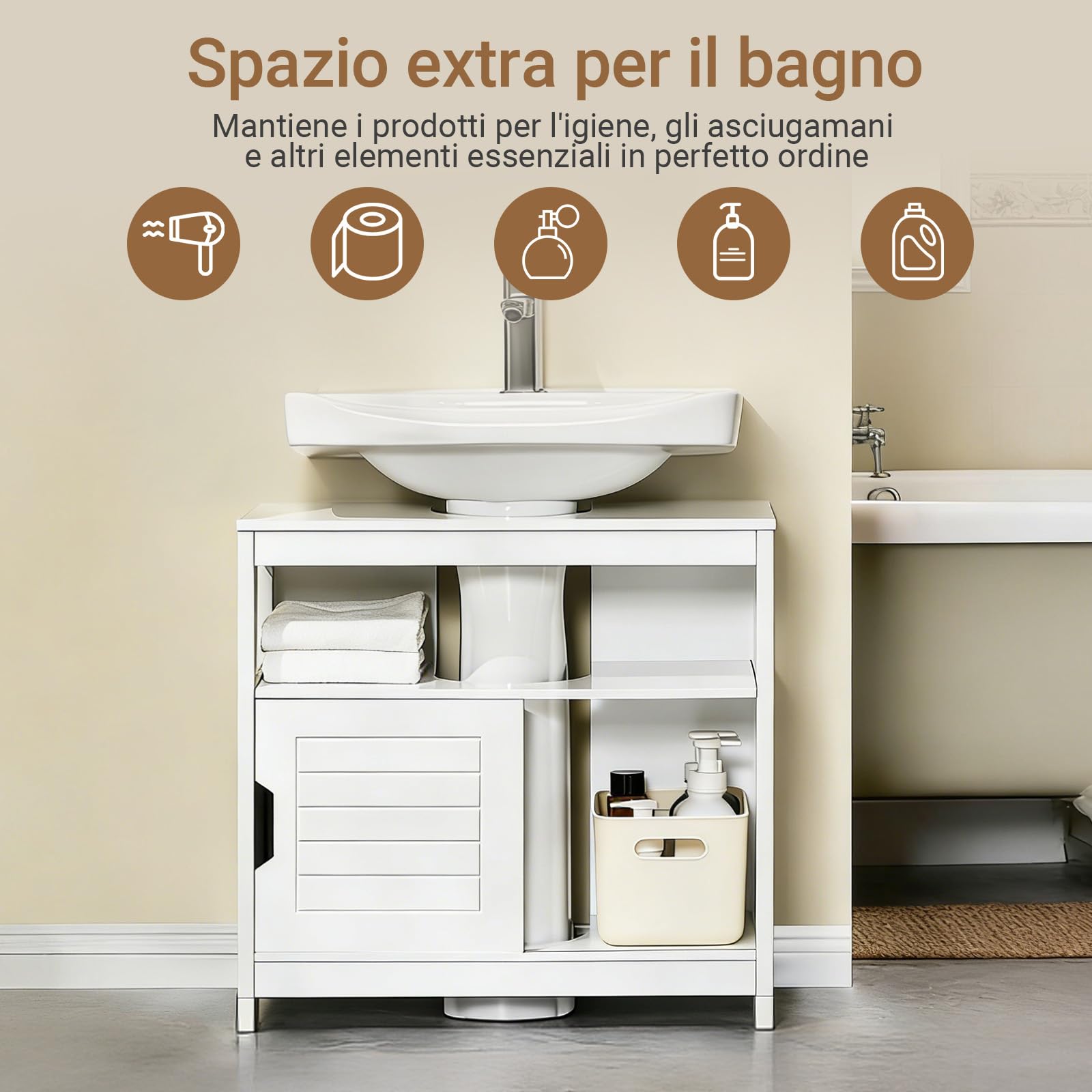 SoBuy Mobiletto Bagno Salvaspazio - Armadio Salvaspazio 2 Ante Scorrevoli e Ripiano Aperto - Mobile Sottolavabo per Bagno Moderno Piccolo – Bianco, 60x30x60cm, FRG128-II-W