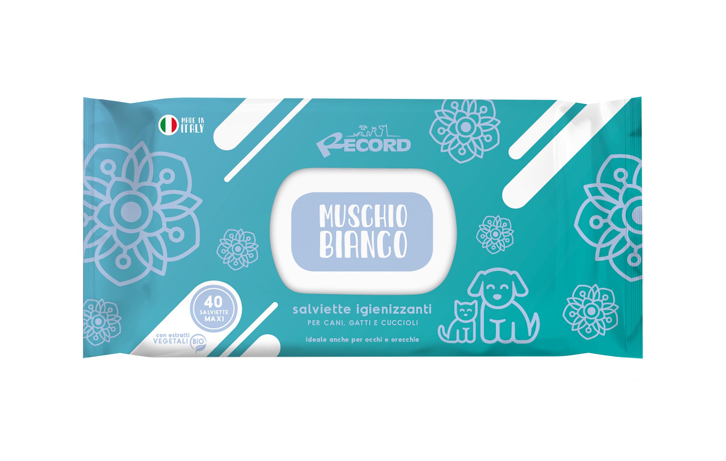Record salviette igienizzanti umide per cani e gatti. Salviette cane e salviette gatto. Confezione 40 pezzi. Salviettine per animali per pelo, zampe, muso ed occhi. Rispettano cute e pH. Aroma Muschio