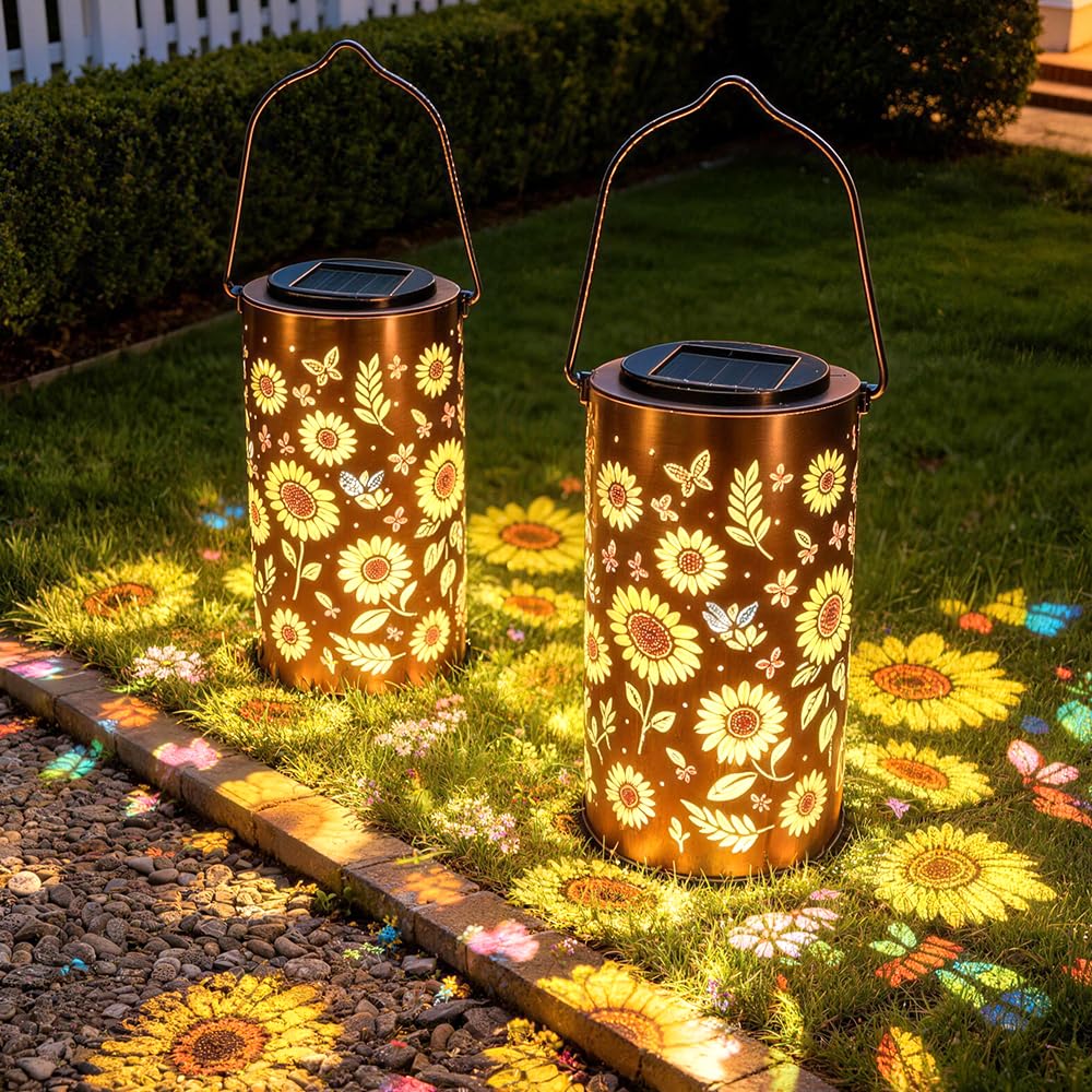 Wxeadu Black 2Pcs Colorful Sunflower Glow Solar Garden Lantern, Waterproof Colorful Sunflower Solar Lanterns With Colorful Projection, Hanging Garden Lanterns Decorative Outdoor For Yard, Patio, Porch, Garden