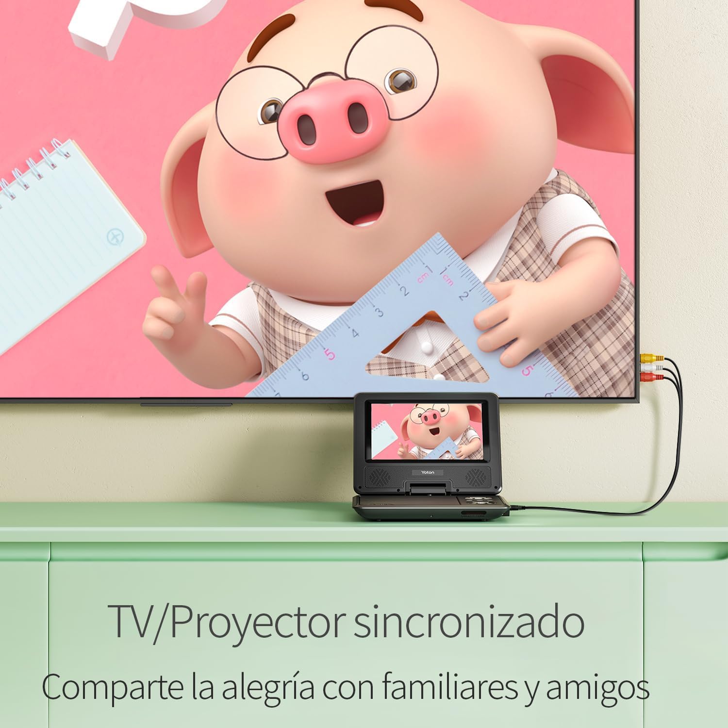 Reproductor DVD portátil Yoton de 9.5", con pantalla giratoria HD de 7.5" para niños, altavoces estéreo, batería interna con autonomía de hasta 6 horas, compatible con sincronización TV/USB/tarjeta SD