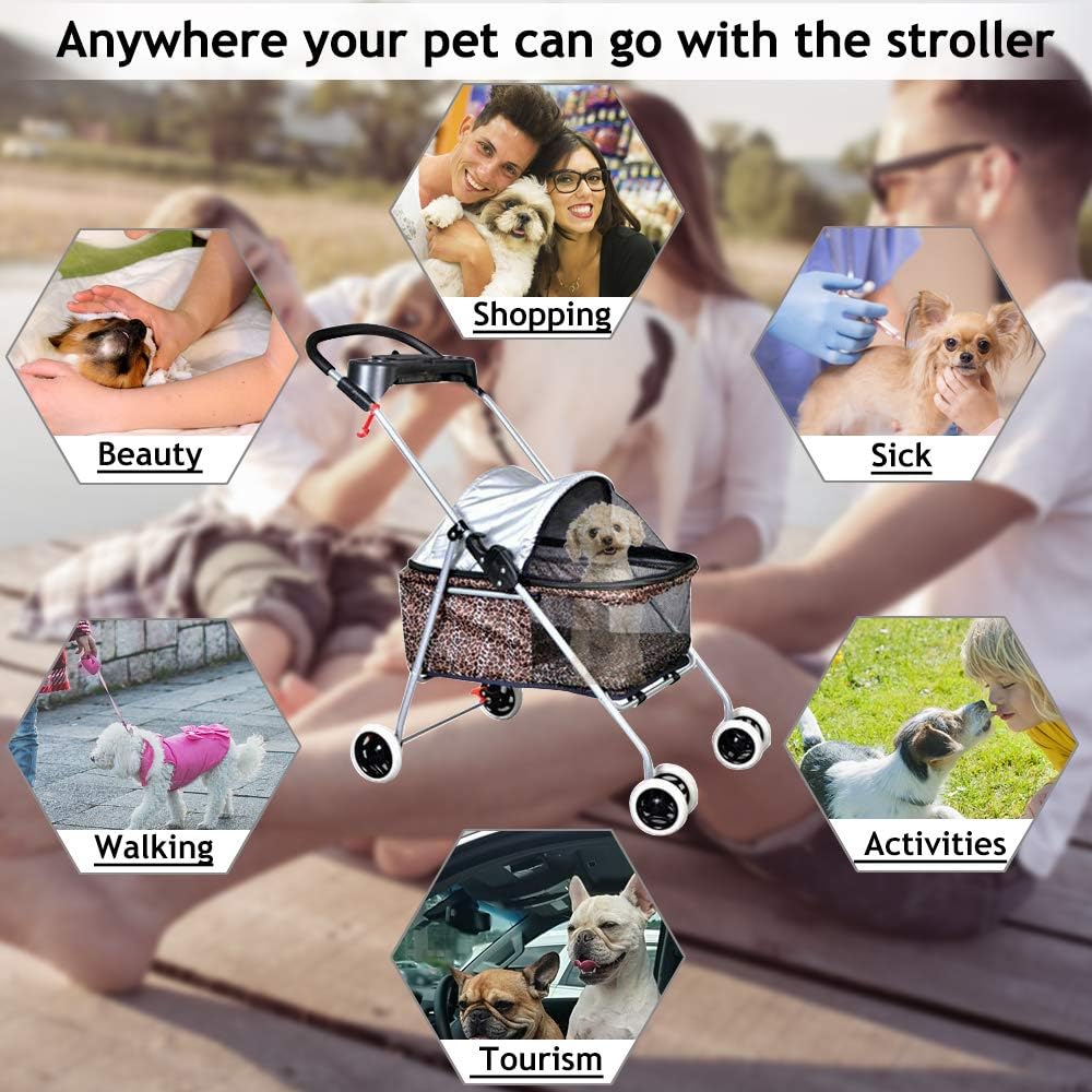 Dog Stroller Pet Stroller Cat Strollers Jogger for Small-Medium Dogs, Cats Folding Travel Carrier Durable 4 Wheels Doggie Cage with Cup Holder Waterproof Puppy Strolling Cart Leopard Skin