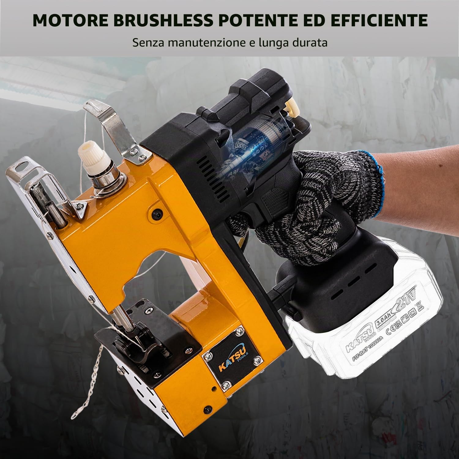 KATSU FIT-BAT - Macchina per cucire senza spazzole, senza fili, 18/21 V, portatile, per tessuti, sacchetti, carta, sacchetti di plastica, senza batteria e caricabatterie