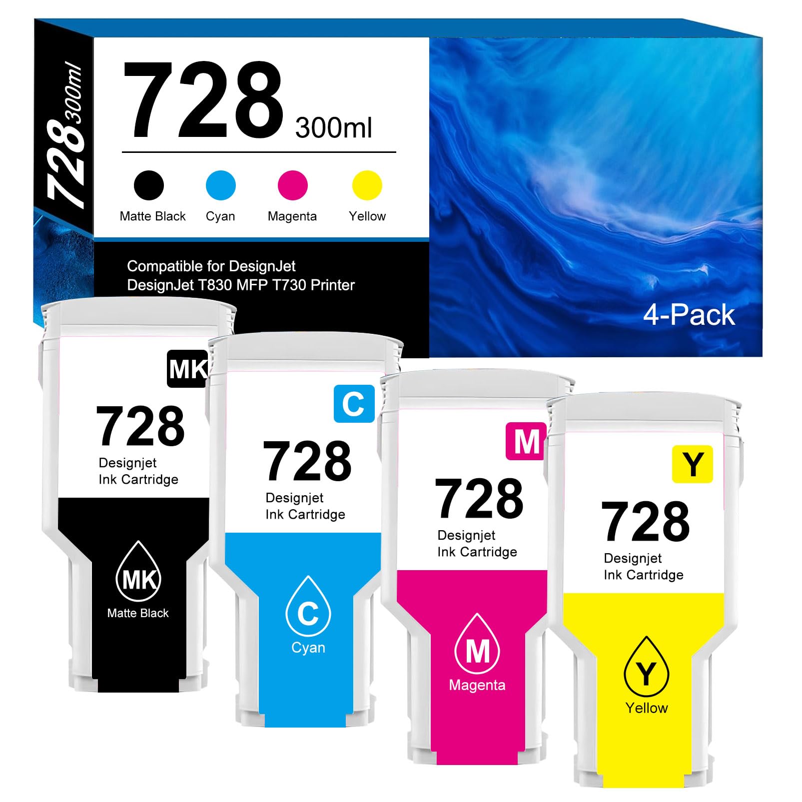 728 Cartuccia d'inchiostro 300 ml Compatible per HP 728 Cartucce d'inchiostro F9K17A F9K15A F9J68A F9K16A per HP 728 Designjet T830 T730 (Nero,Giallo,Magenta,Ciano)