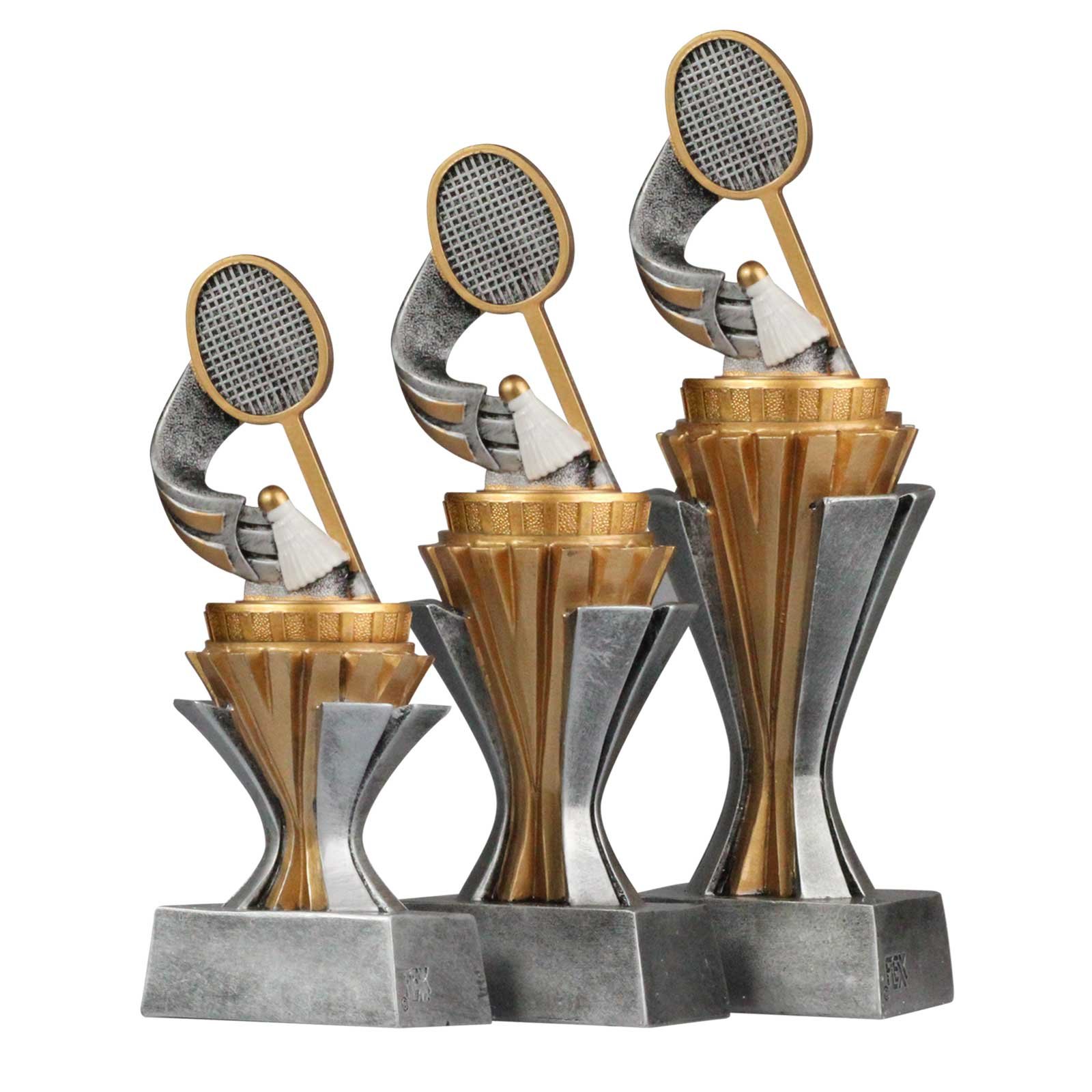 Pokal Trophäe Federball/Badminton mit Sockel in Gold/Silber Größe S, M und L