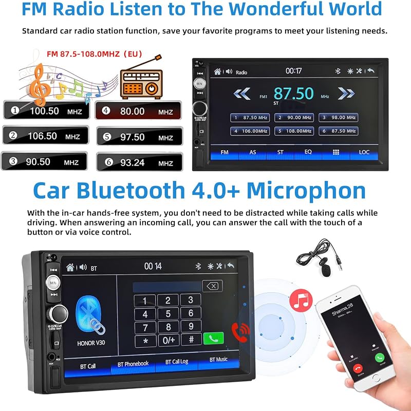 Podofo 2DIN Autórádió 7" Érintőképernyővel - CarPlay és Android Kompatibilis, Bluetooth, Tolatókamera, Kormányvezérlés, FM, USB, Színes Vilá