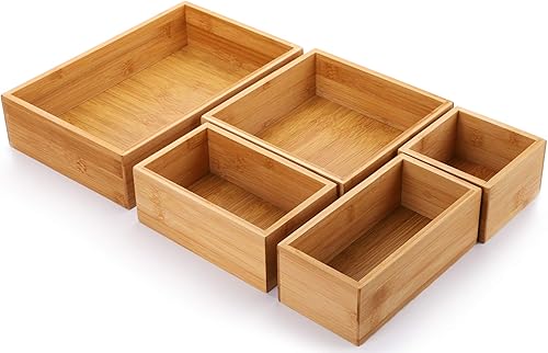 Lawei Juego de 5 cajas organizadoras de cajones de bambú, kit de caja de almacenamiento de escritorio, contenedores de almacenamiento de cajones