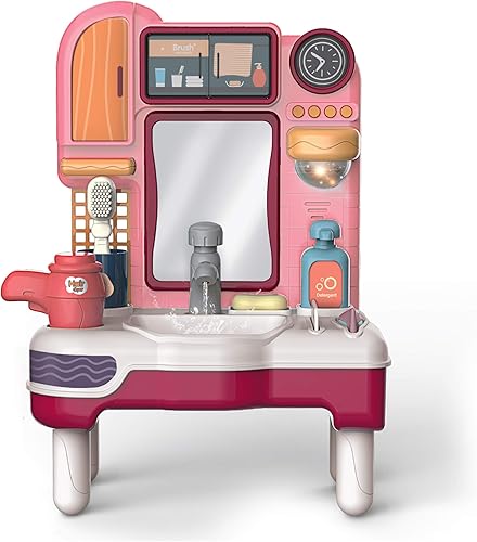 Toy Chef Juego de lavabo para niños, espejo de tocador de baño con fregadero y agua corriente y luz, juego realista con accesorios de tocador de