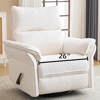 Oversized Recliner Chair, 26" Extra Wide 360° Swivel Rocker Recliner with Adjustable Headrest, Chenille Glider Rocking Nursery Chair with Overstuffed Armrest, Lumbar Support, White