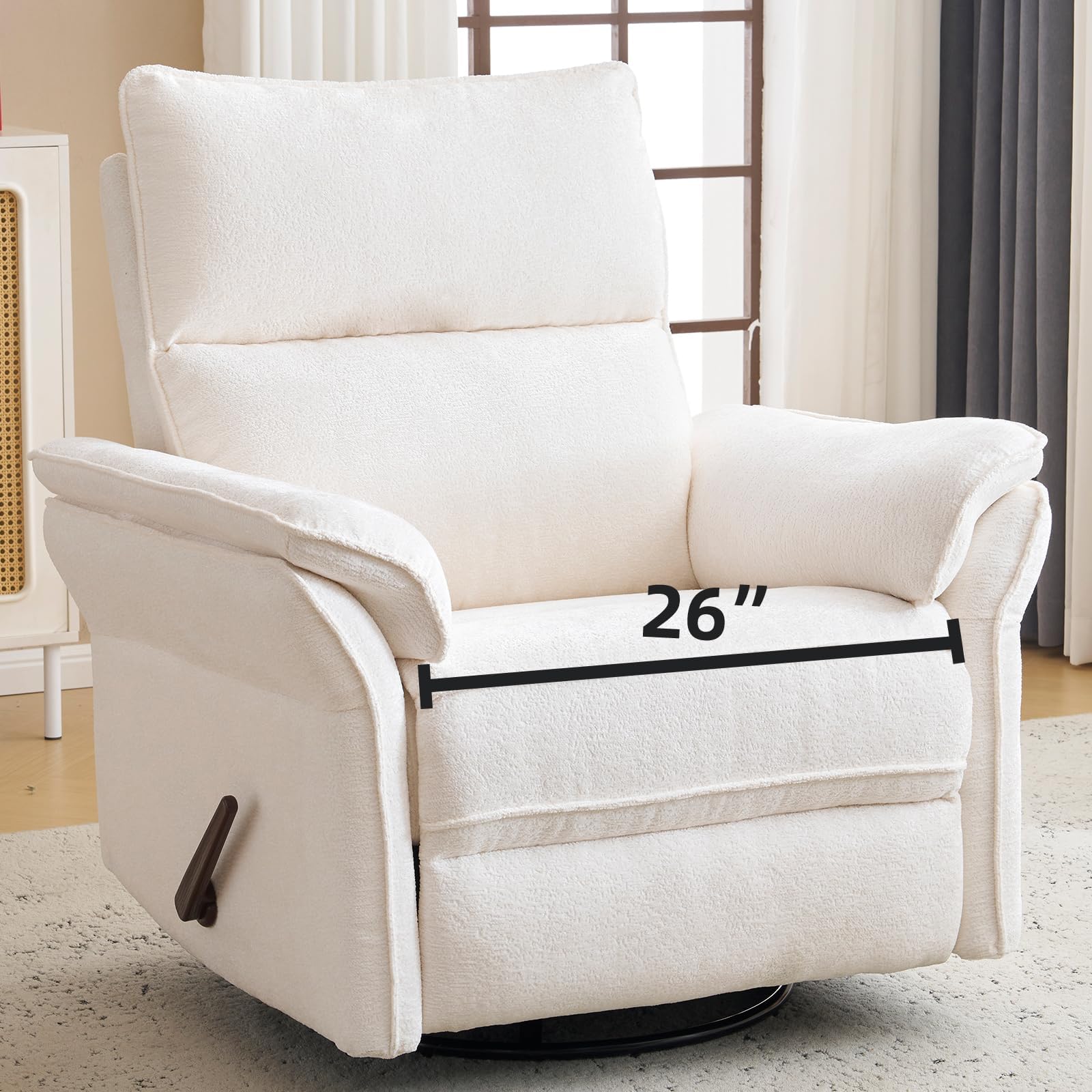 Oversized Recliner Chair, 26" Extra Wide 360° Swivel Rocker Recliner with Adjustable Headrest, Chenille Glider Rocking Nursery Chair with Overstuffed Armrest, Lumbar Support, White
