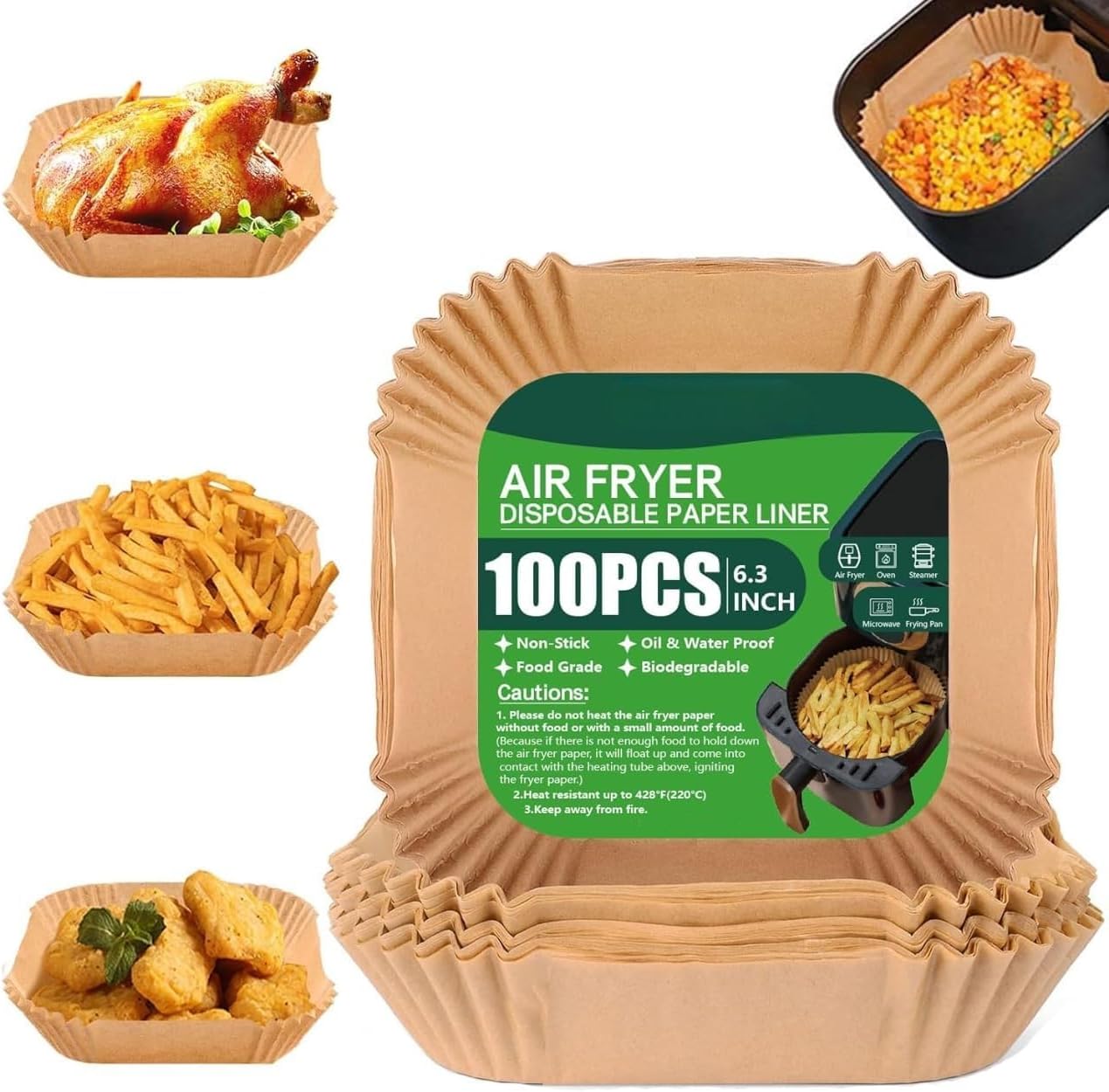 Disposable Standard Paper Liners: 100Pcs Oil Proof Parchment Sheets, Airfryer Paper Basket Bowl Liner for Baking Cooking Food (Square)