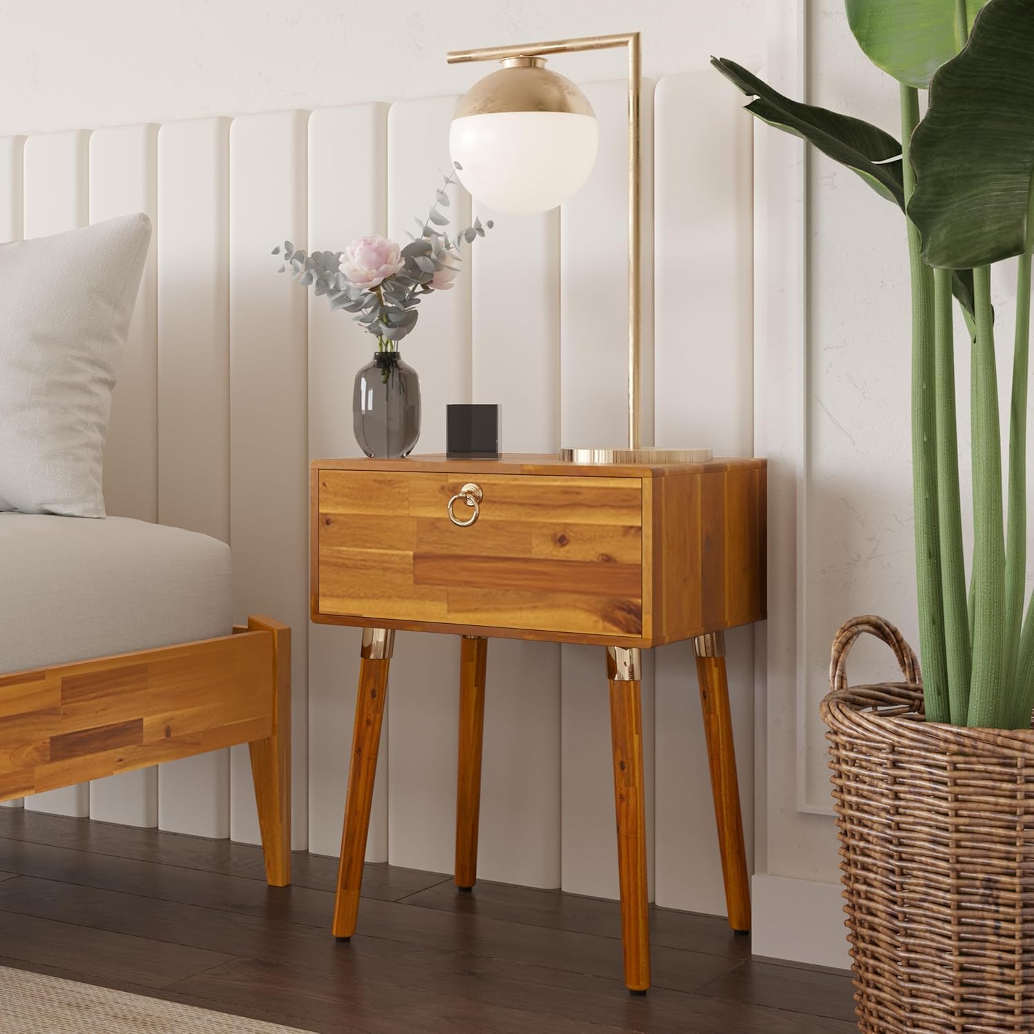 Alden Solid Wood Nightstand with 1 Drawer, Caramel