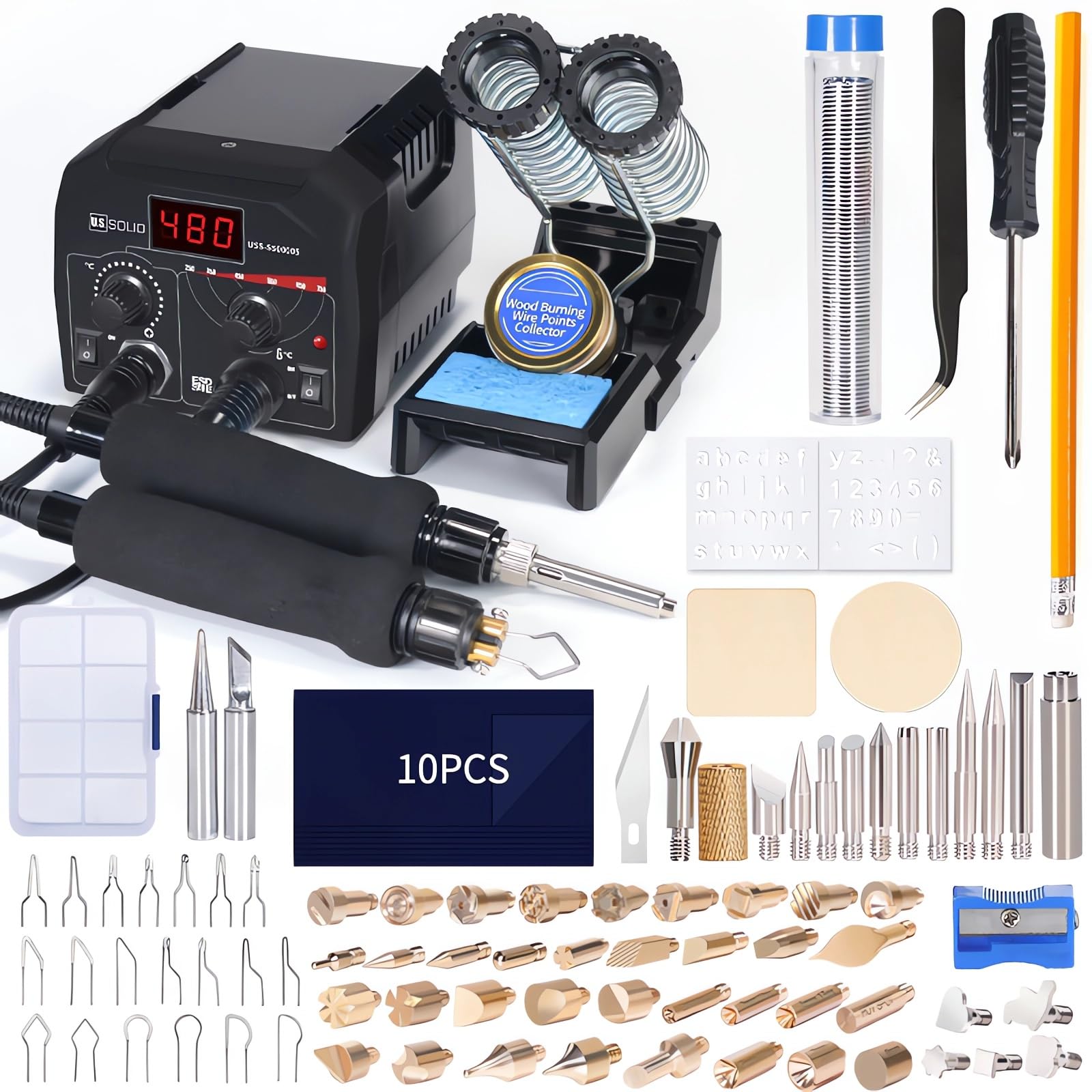 U.S. SOLID Wood Burning Kit Tool Station Dual Pyrography Pen Burner for Adults 2-in-1 Solid-Point 200℉~480℉ w/Temp Display and Wire-Nib 250℉~750℉ with Various Accessories