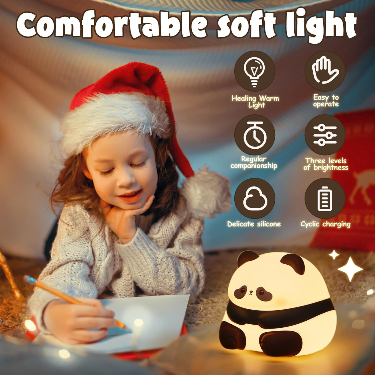 DEZICON Kids Night Light Silicone Sitting Panda Night Lamp Rechargeable Cute Lamp with 3 Level Brightness Kids Night Lights for Bedroom Baby Nursery Study Desk Decorative Diwali Christmas Light 4