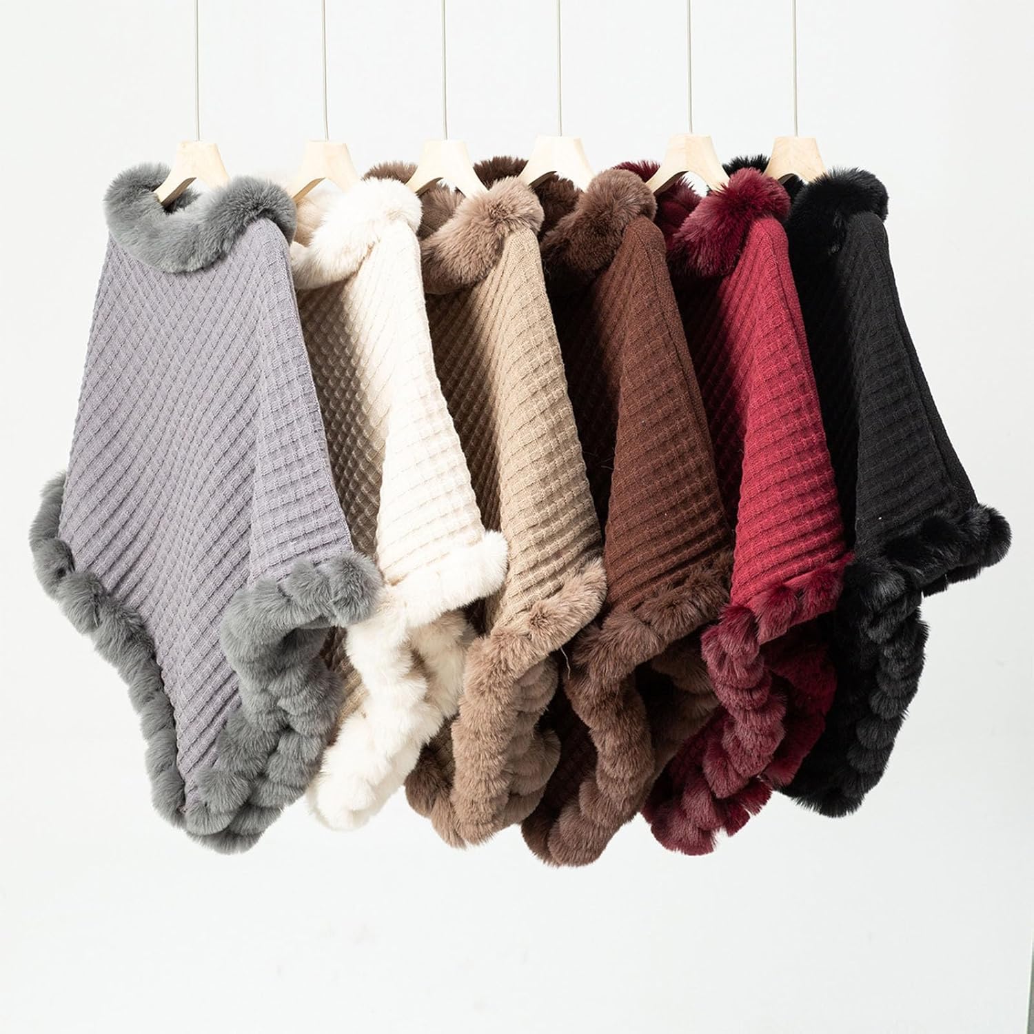 Faux Fur Trim Poncho, Winter Thermal Shawl Poncho, Solid Pullover Shawl Cape for Women - Image 5