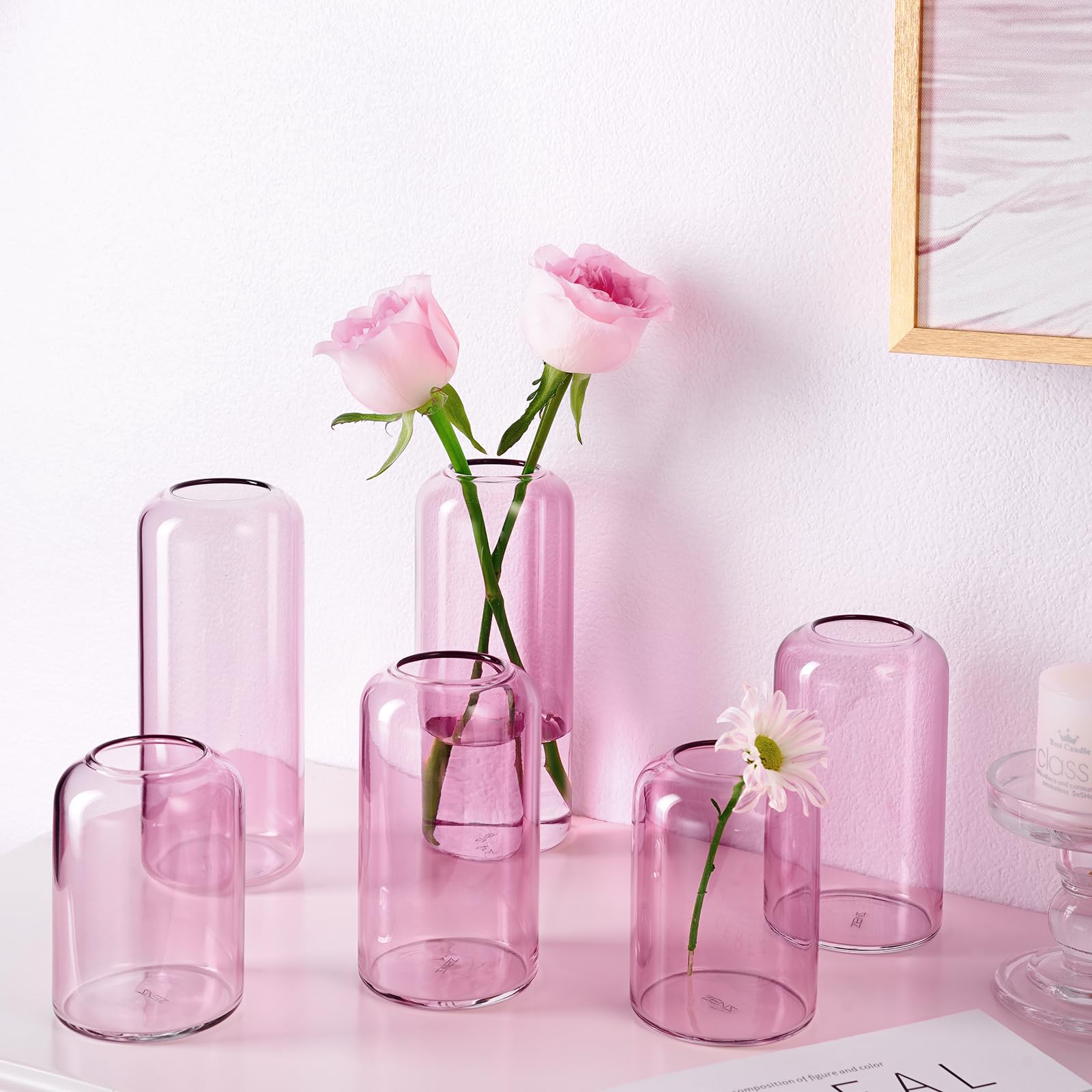 ZENS Knospenvasen 6er Set Rosa Klar Kleine Glasvase für Blumen Moderne mundgeblasene Zylinderglasvase für Hochzeit Empfang Tafelaufsätze Wohnzimmer Deko