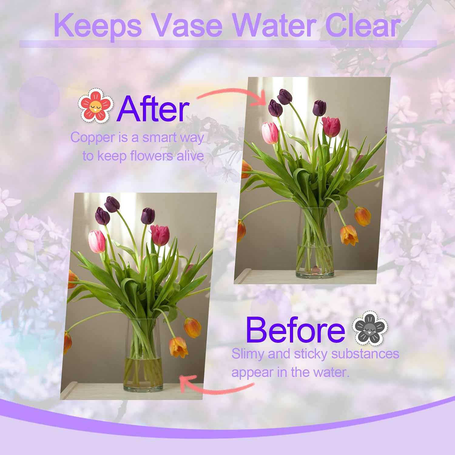 Alternative Flower Food for Fresh Cut Flowers, Copper Charm Keeps Vase Water Clear, 2 Pcs