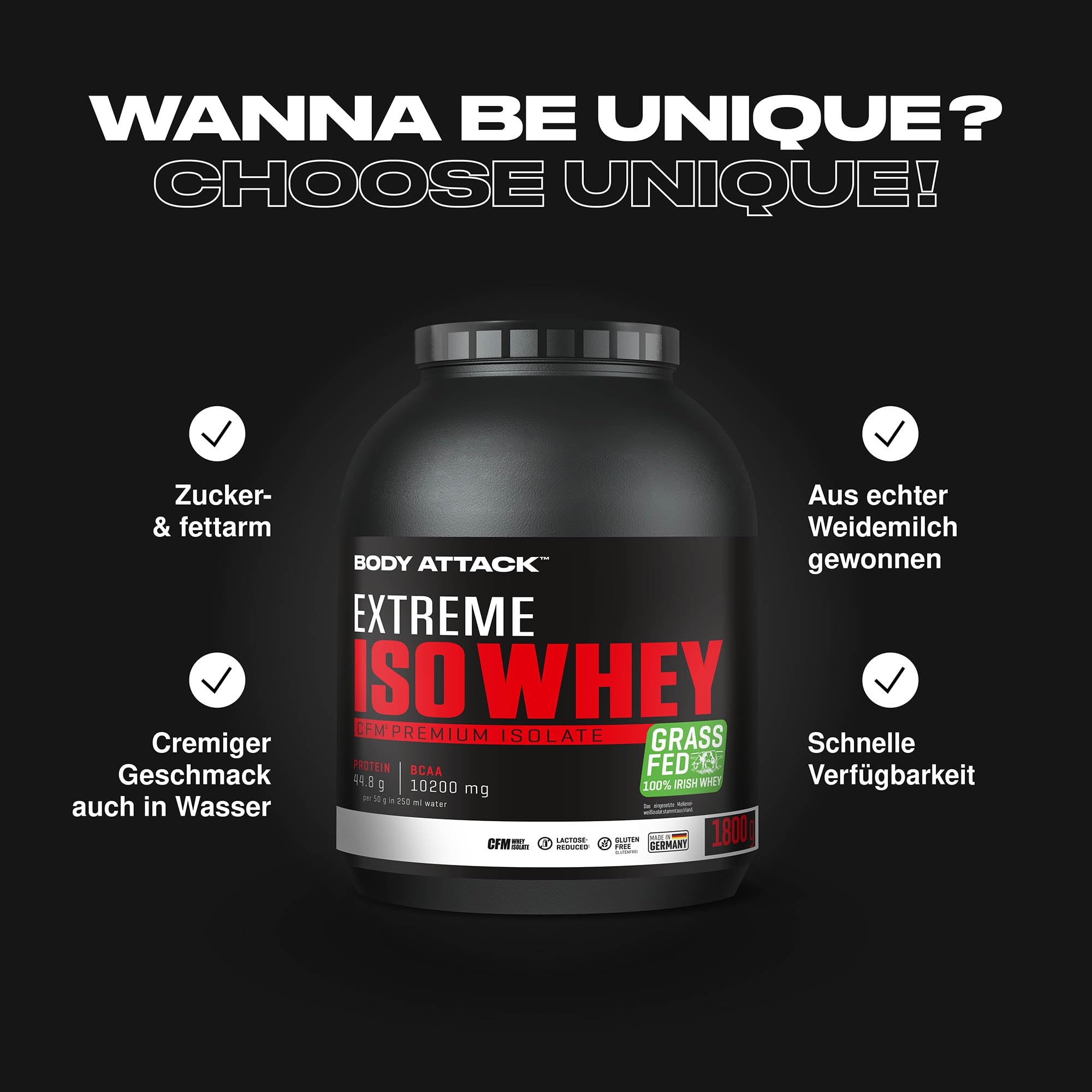 Body Attack Extreme Iso Whey, Vanille, 1,8 kg, CFM Whey Protein Isolat aus 100% irischer Weidemilch, glutenfrei, reich an EAAs, perfekt löslich, fettarm, ohne Aspartam, 90,6% Isolat-Anteil