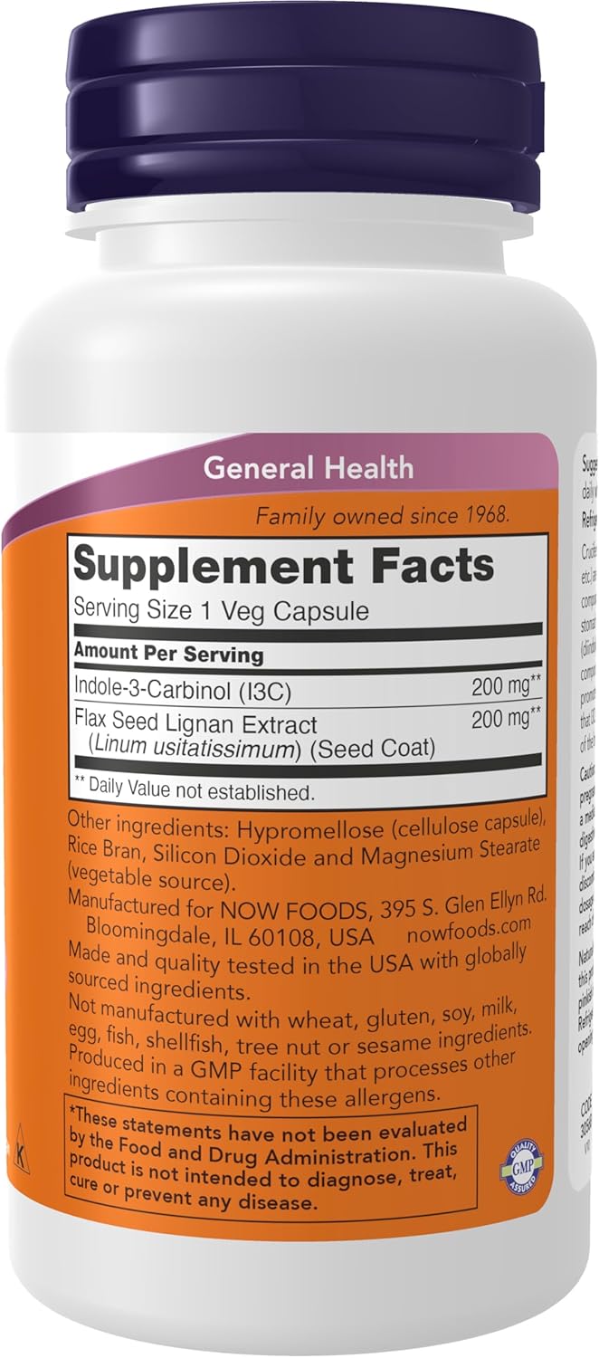 NOW Foods Supplements, Indole-3-Carbinol 200 mg with Flax Lignan Extract, 60 Veg Capsules - Image 2