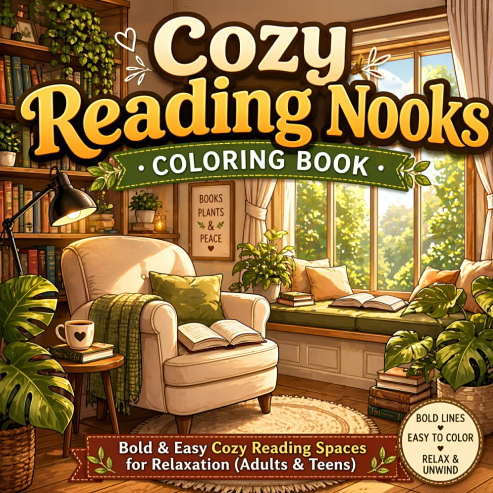 Cozy Reading Nooks Coloring Book: Bold & Easy Cozy Reading Spaces for Relaxation (Adults & Teens) (Cozy Coloring Series)