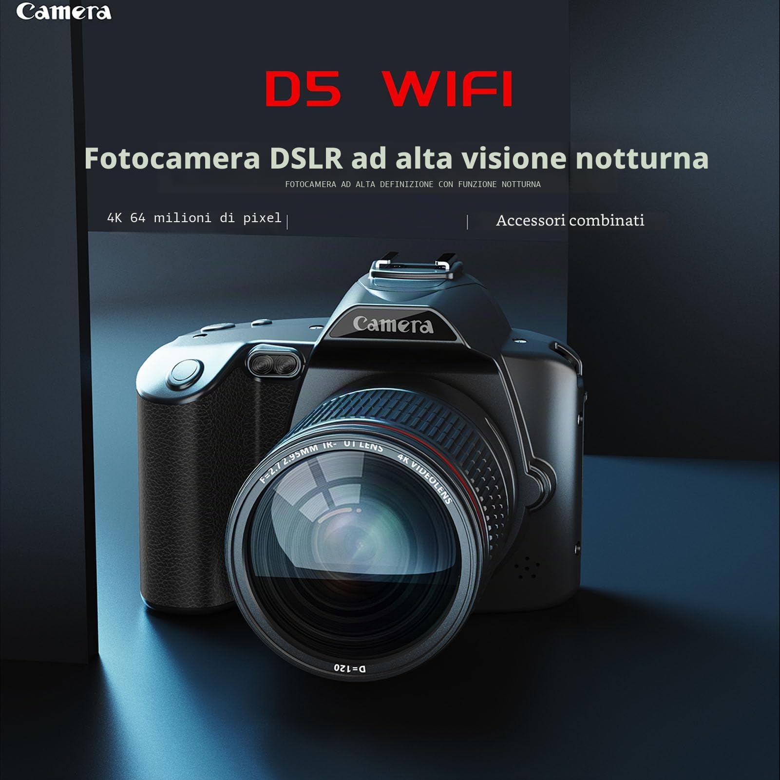 Fotocamera Digitale 4K da 64 MP con Microfono, Videocamera HD per Visione Notturna WIFI con Luce di Riempimento, Zoom Digitale 16x, Schermo IPS da 3,0 Pollici, Videocamera per