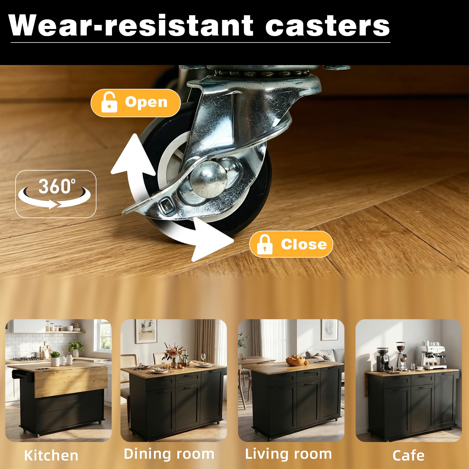 Carrello da Cucina con Ruote, Isola da Cucina con Piano Ribaltabile, Con Prese Elettriche e Porte USB, 119,5 x 74 x 94 cm, Carrello Salvaspazio per Cucina e Soggiorno, Nero
