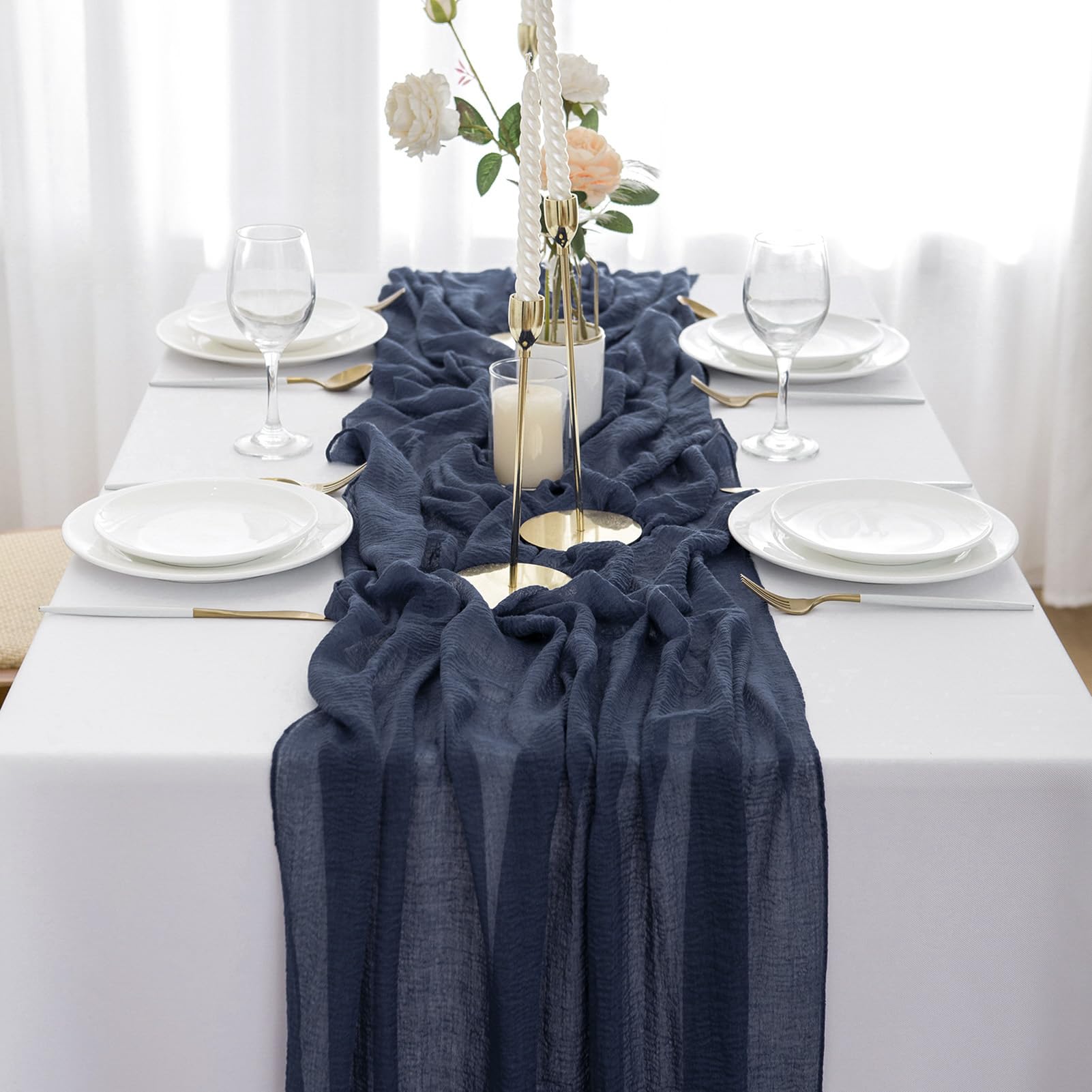 AOKSUNOVA Runner da tavolo blu, runner da tavolo per matrimonio in chiffon 4 m x 80 cm, tessuto blu scuro