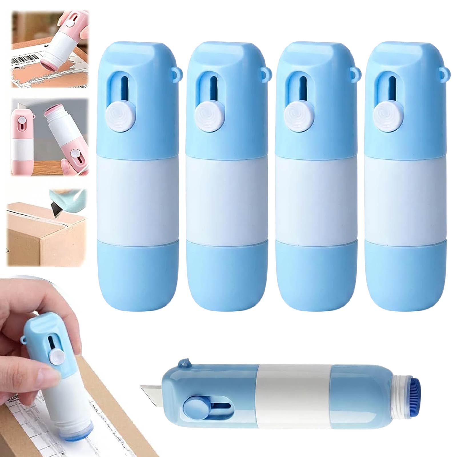 UZIPZ 2-in-1 Box Cutter & Thermal Paper Eraser, Privacy Correction Fluid with Unboxing Knife, Identity Theft Protection Security Wipe for Courier Labels, Bills & Receipts (4PCS-Blue)