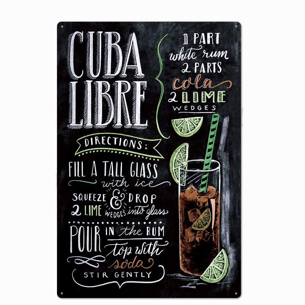 Original Vintage Design Cuba Libre Cocktail Recipe Tin Metal Signs Wall Art, Thick Tinplate Print Poster Wall Decoration Bar/Kitchen (Cuba libre, 8x12 Inches (20x30 CM))