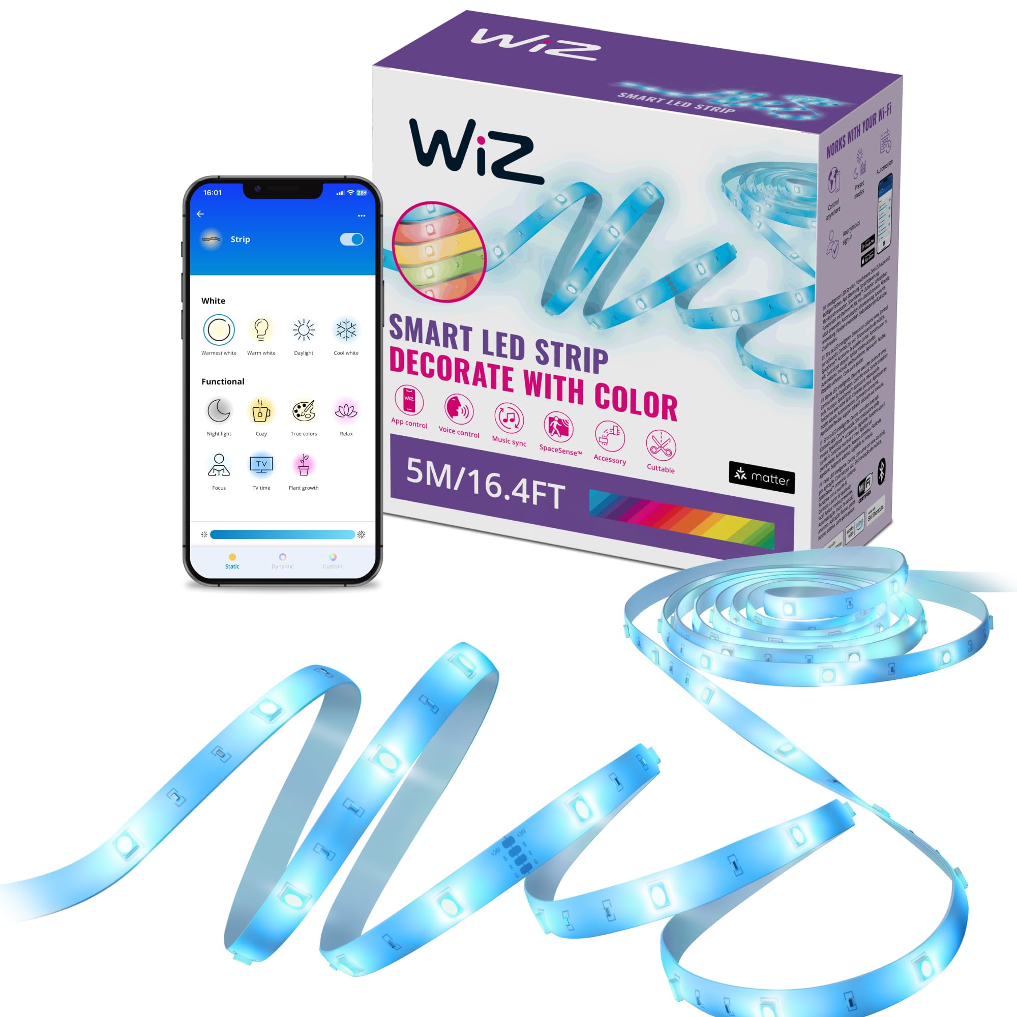 Wiz Striscia LED RGB LED - 5m tagliabile, 16 milioni di colori, modalità di luce preimpostate, connessione al Wi-Fi, controllo vocale/app, funziona con Google Home, Alexa e HomeKit