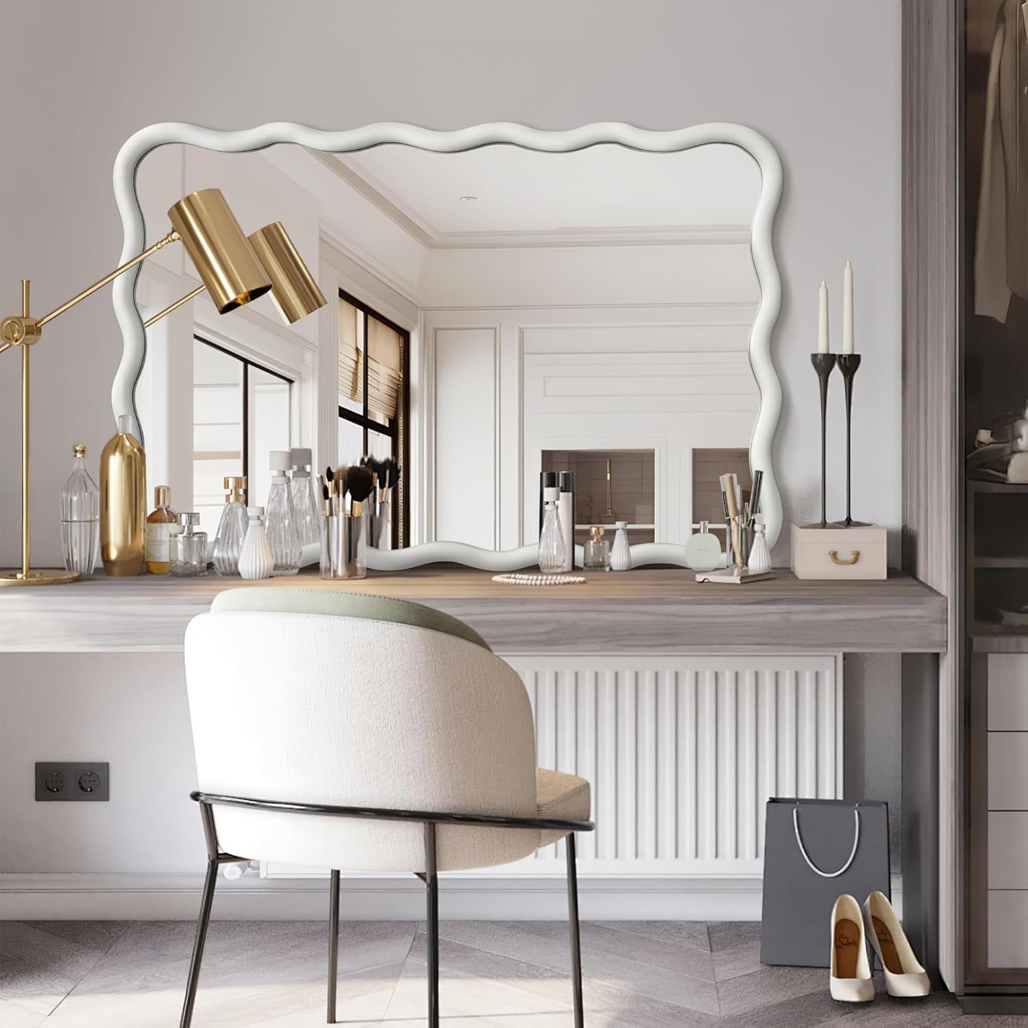 White Wavy Mirror Solid Wood- Squiggly Mirror Vanity Modern Wall Decor for Bathroom, Bedroom, Living Room, Dining Room, Cloakroom, Entryway