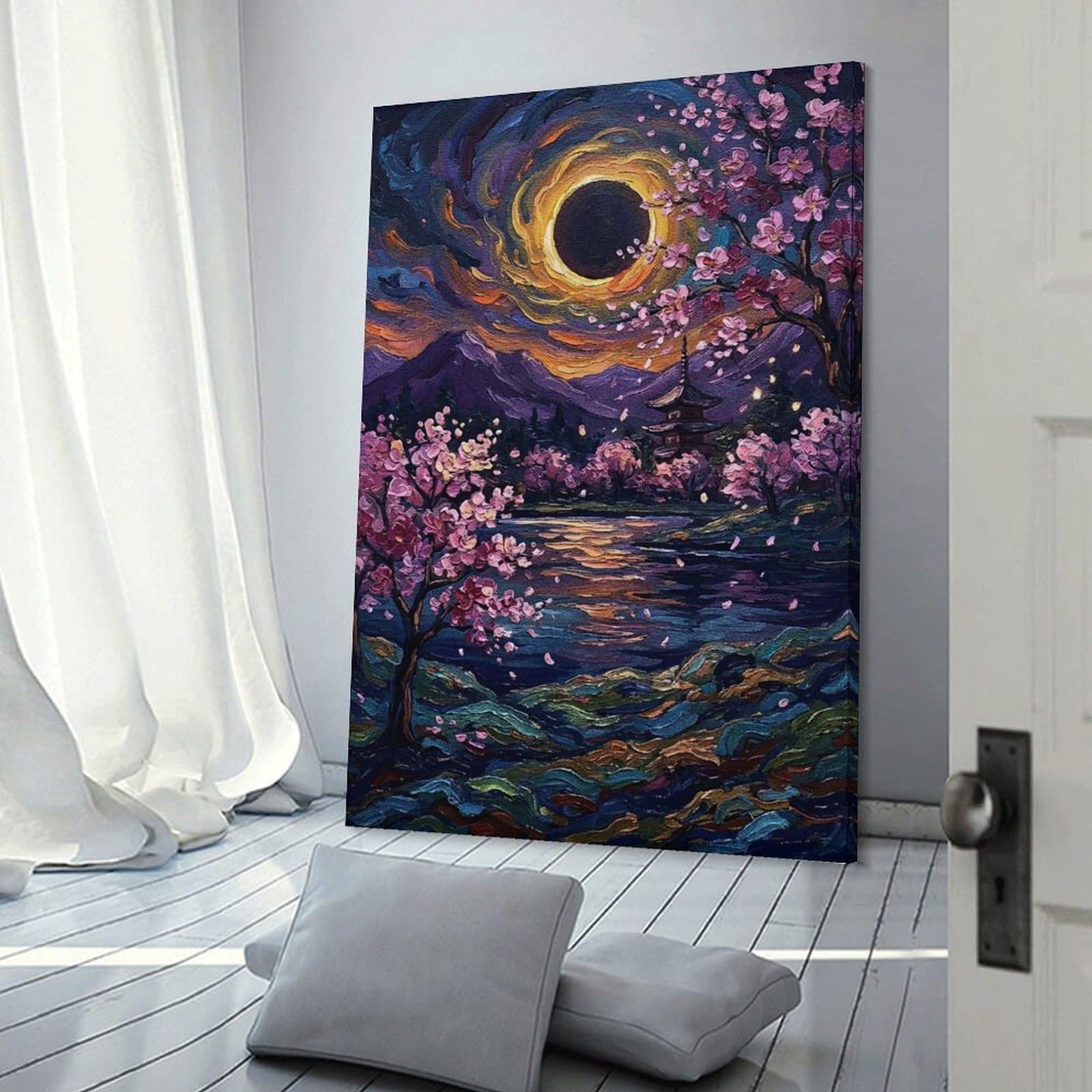 Junmoney Frame-Style-14 Wall Art Print Cherry Blossoms And Eclipse Painting, 24X36inch(60X90cm), For Hallway, Bedroom Or Modern Interiors, Thoughtful Wall Decor For Art Lovers