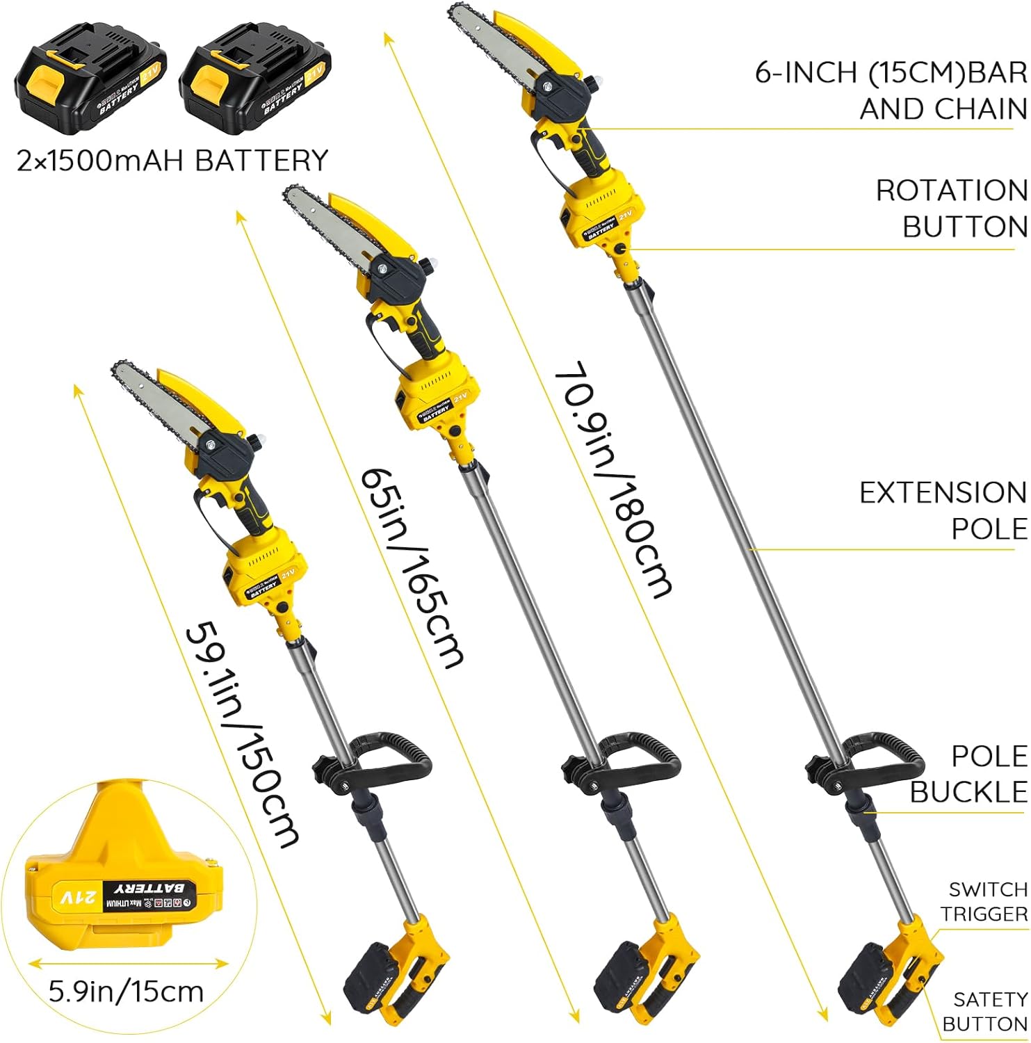 2-in-1 Electric Pole Saw Mini Chainsaw 6 Inch Battery Powered Chain Saw Tree Trimmer Extendable Pole 0.9-5.9ft Reach Brushless Motor 2 Batteries (Yellow)