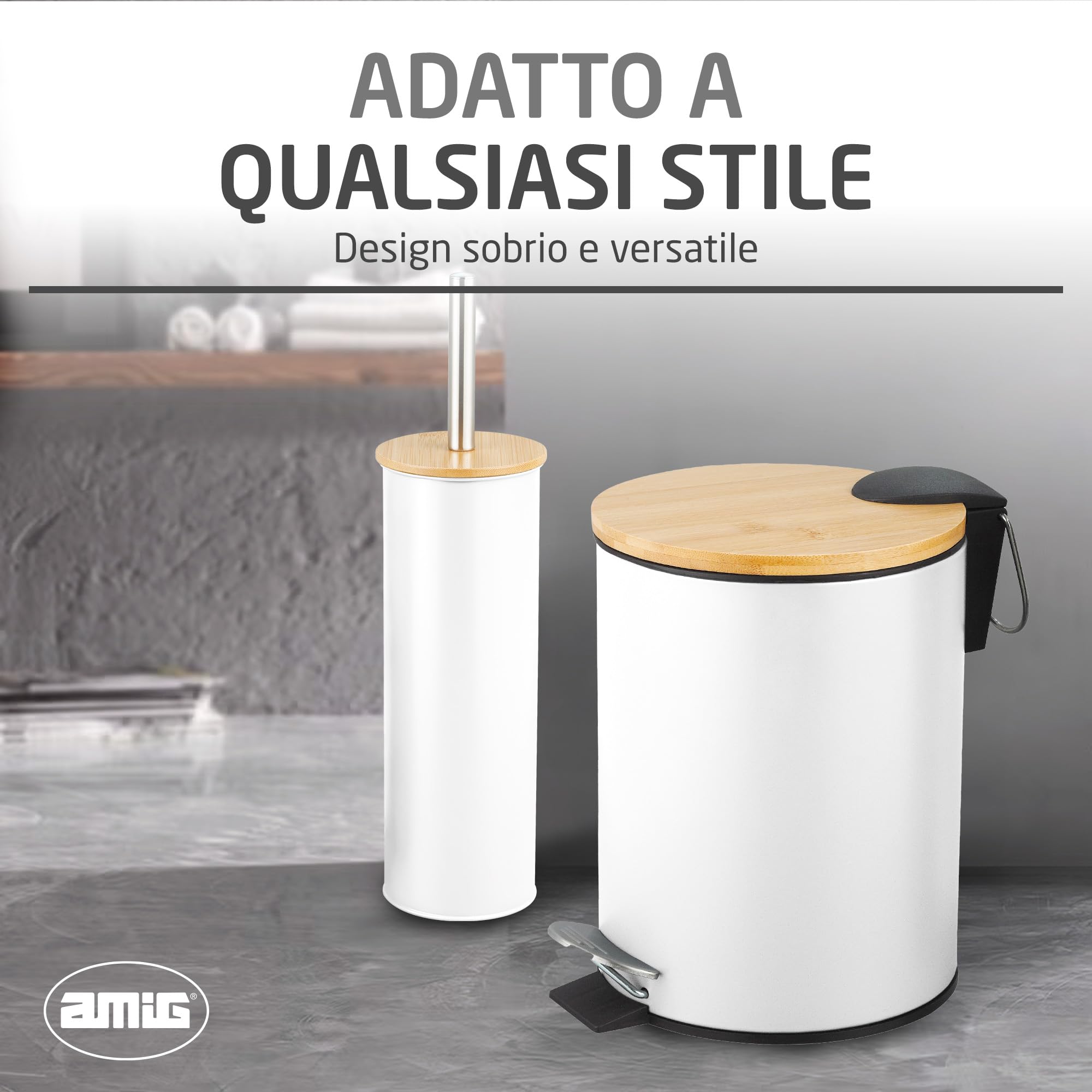 Amig Naturline Set Pattumiera e Portascopino Ø168x230 mm Acciaio Bambù Bianco
