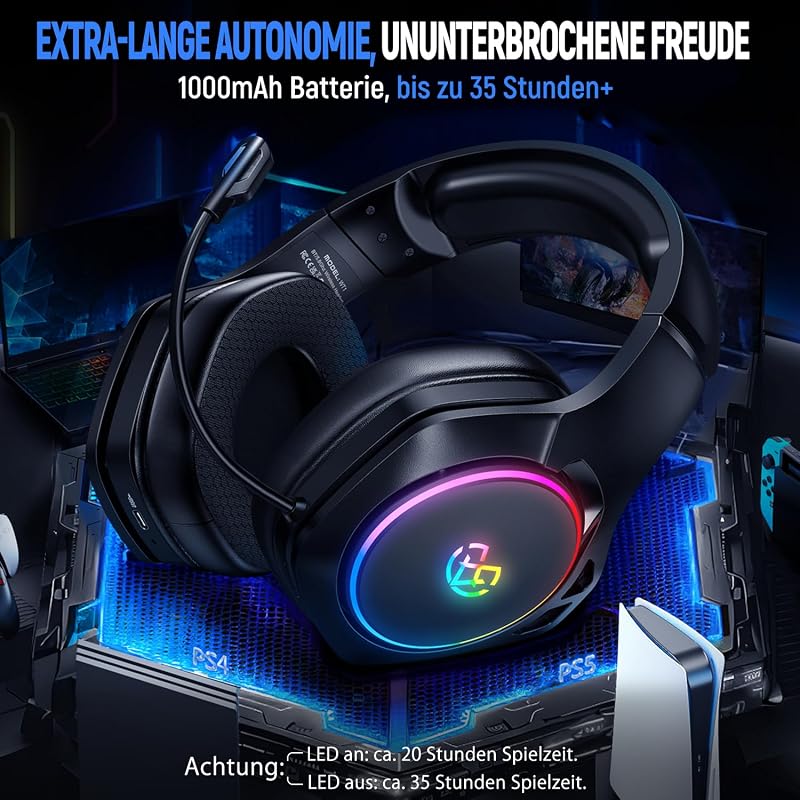 Tatybo Vezeték Nélküli Gamer Fejhallgató Mikrofonnal, 7.1 Surround Hangzás, 35 Órás Akkumulátor, 50mm Meghajtó, Légáteresztő Fülpárnák, PS5
