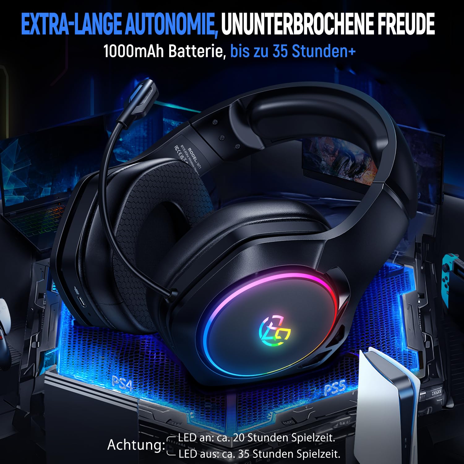 Tatybo - Auriculares Gaming Inalámbricos con Micrófono de Ruido Ambiental, 7.1 Sonido Envolvente, Batería de 35H, Transductores de 50 mm, Auriculares Transpirables para ps5 PC ps4 Switch