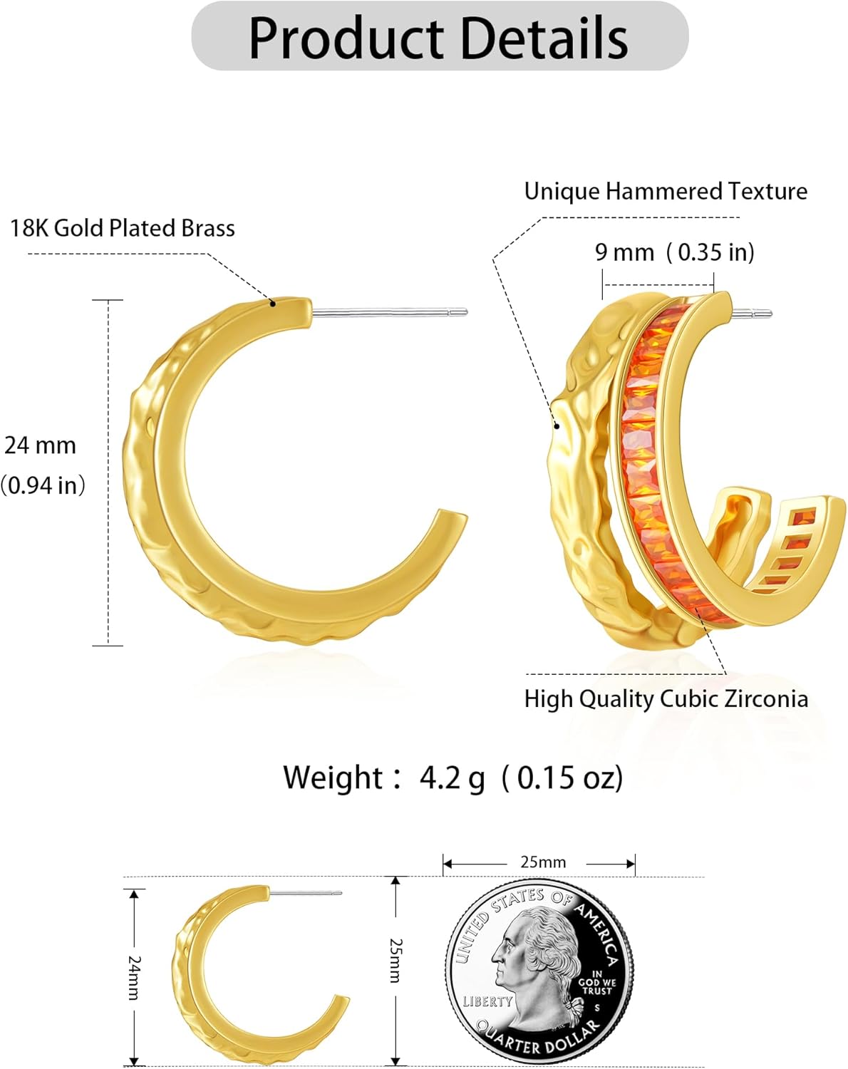 Double Hoop Earrings for Women Trendy, Hammered 18K Gold Plated Hypoallergenic Green Black Orange Statement CZ Earrings Jewelry Gifts for Women - Image 2