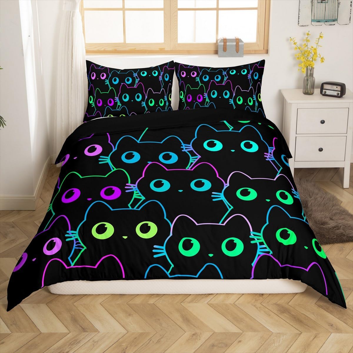 Erosebridal 3 Piece Cat Comforter Cover Full Size for Boys Girls Cartoon Cat Lovely Kitten Duvet Cover Gradient Line Graffiti Cat Duvet Cover Kids Bedding,1 Bedspread Cover 2 Pillowcases