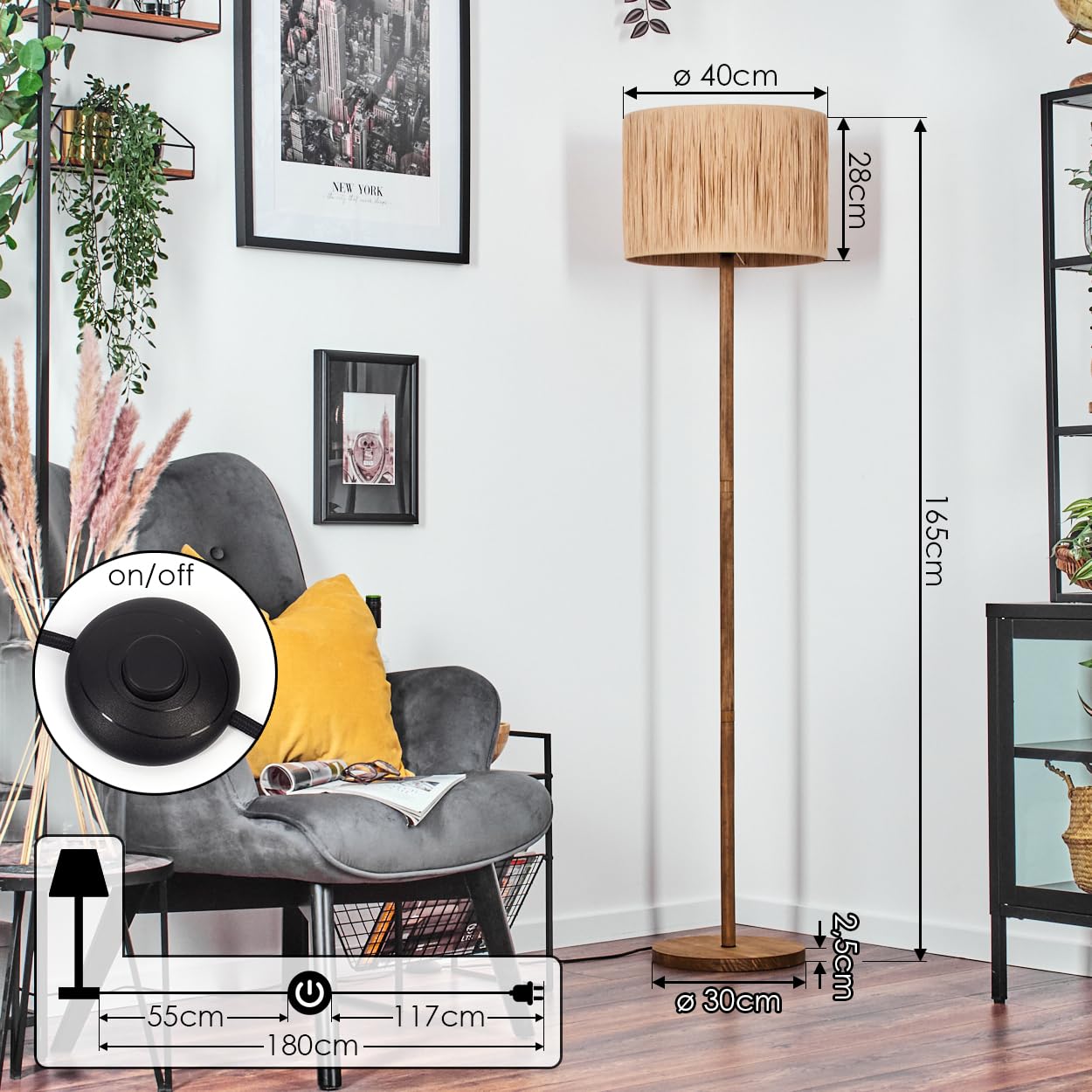 Stehleuchte Granja, Stehlampe aus Holz/Bast in Naturfarben, Leuchte im skandinavisch/modernen Design (Ø 40 cm), Höhe 165 cm, Fußschalter, 1 x E27, ohne Leuchtmittel