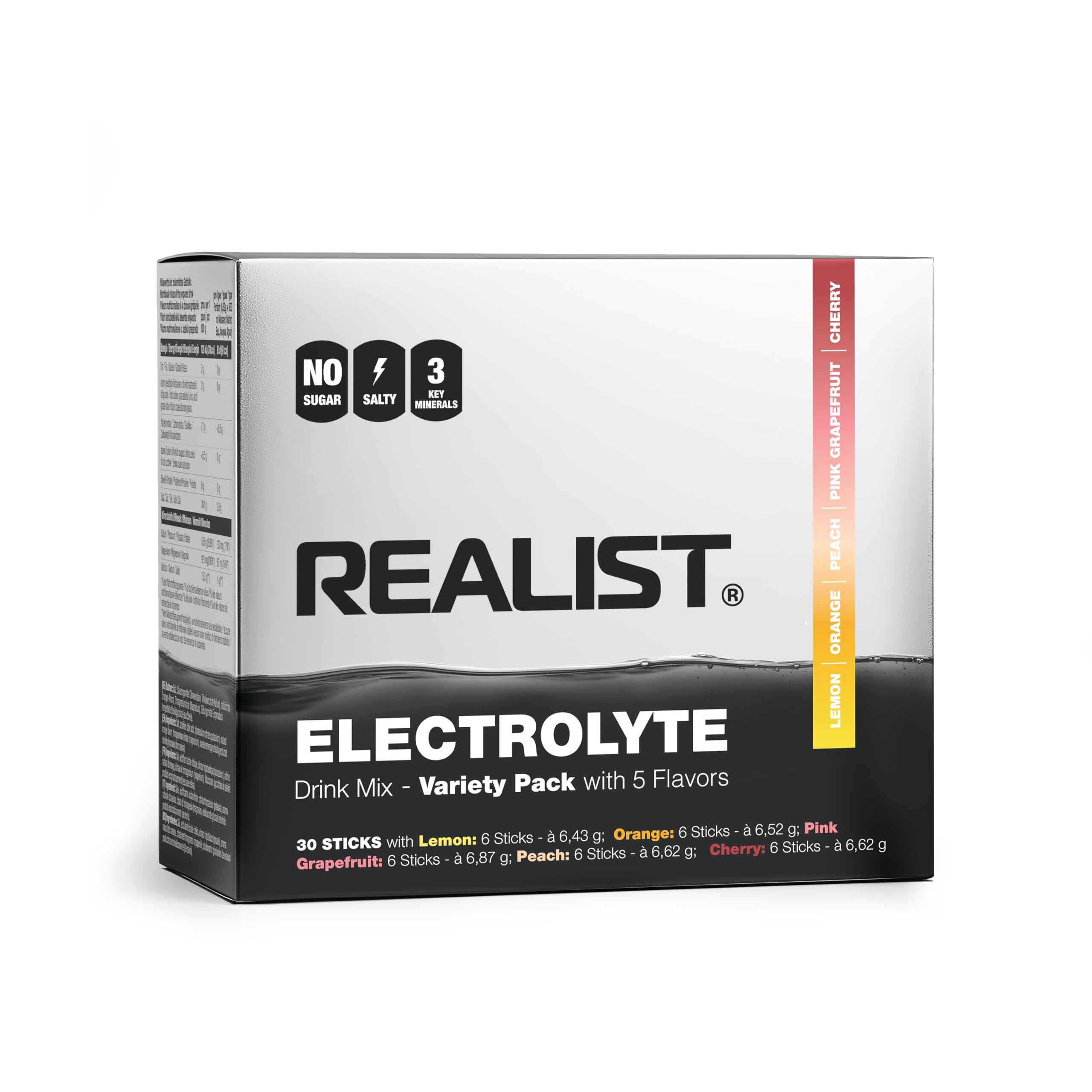 REALIST® Electrolitos sin azúcar – Polvo electrolito con 1000 mg de sodio, 330 mg de potasio y 60 mg de magnesio – Hidratación Rápida – Deportes, KETO, ayuno (30 sobres, paquete de muestra (5