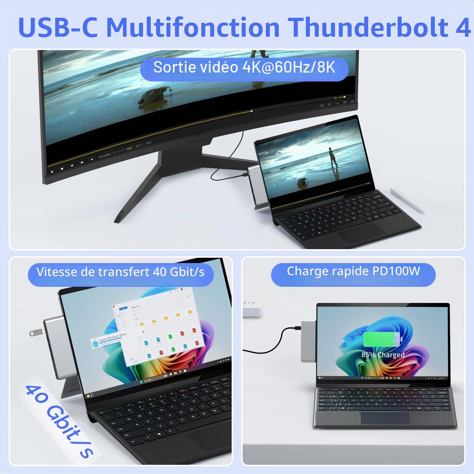 Surface Pro 11/10/9 Hub Station d'accueil avec double HDMI 4K @ 60 Hz, USB C Thunerbolt 4 (vidéo 8K + 40 Gbps + 100 W PD), USB 3.0 x 2, audio 3,5 mm, fente pour carte SD/TF – Adaptateur hub USB C pour
