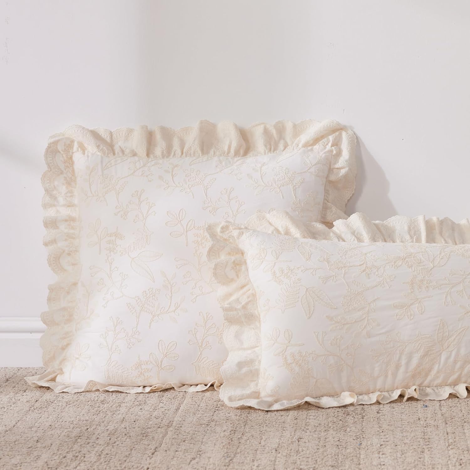 HAUSFRAU 14x24 Throw Pillow Covers Set of 2, French Style Florals Embroidered & Lace Ruffle Trim Pillowcase Chic Decorative Pillow Sham for Sofa, Wedding, Cream