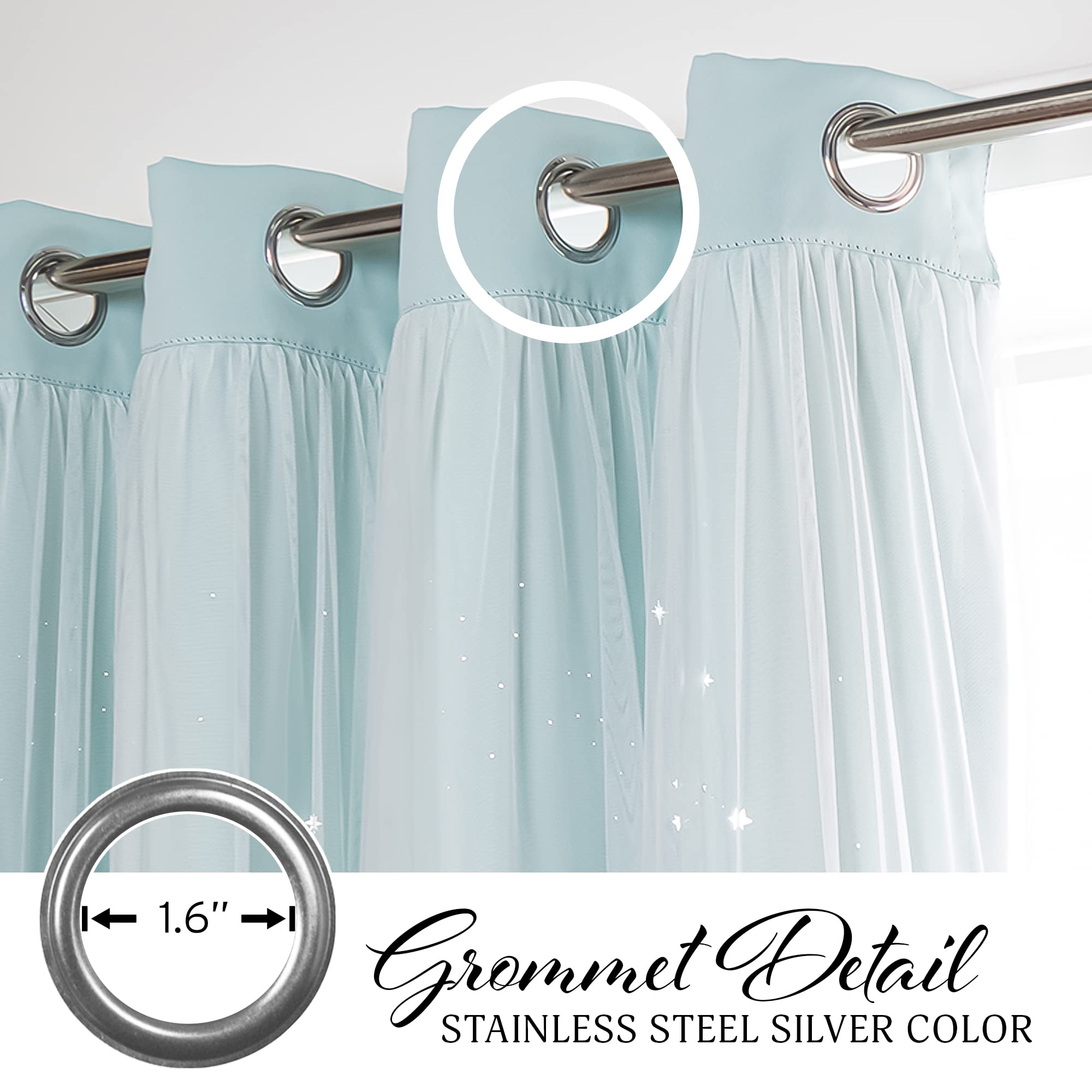 Best Home Fashion Tulle Overlay Blackout Laser Cut Starry Sky Curtain Pair, Silver Grommet Window Panels for Bedroom, Kids Room - 52