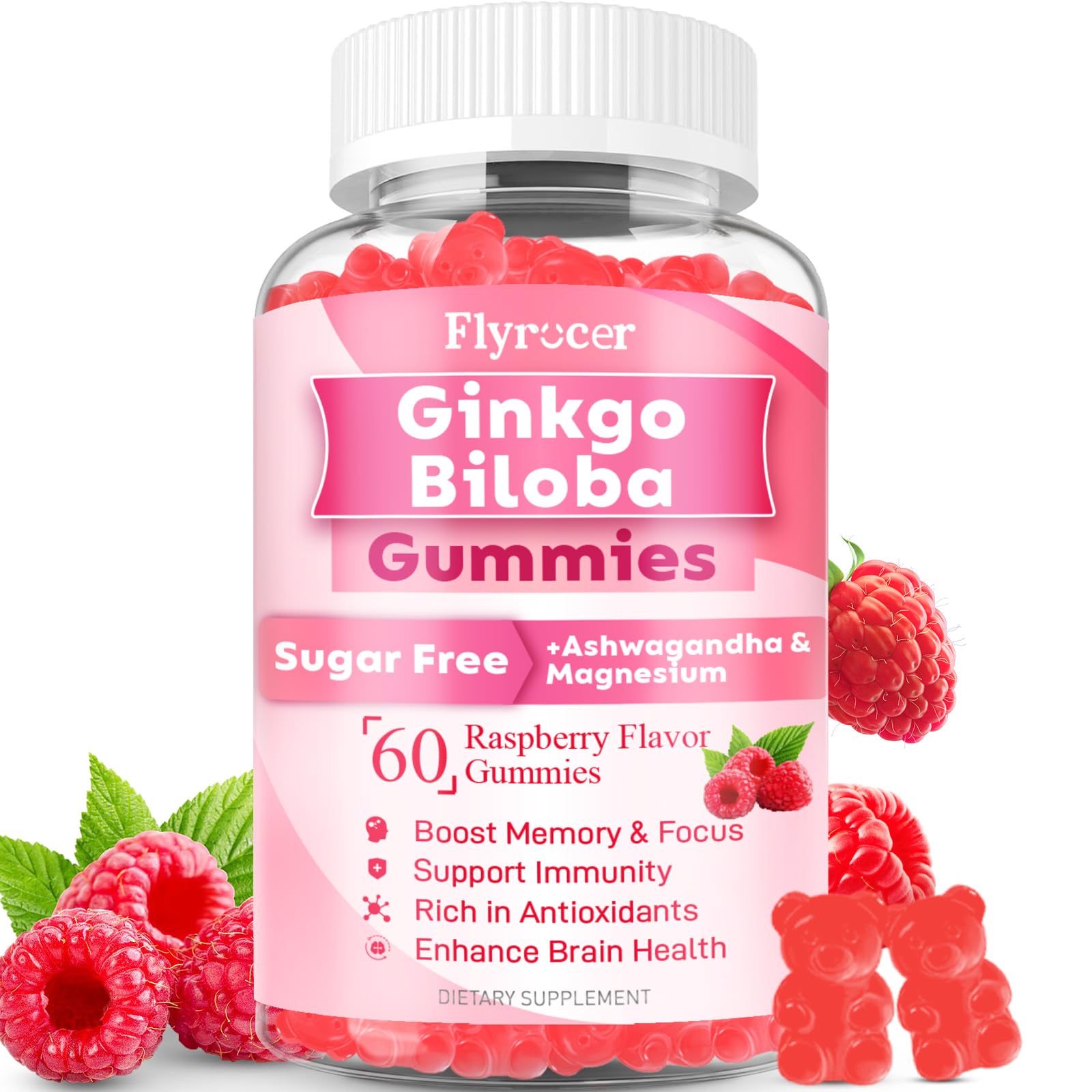 Ginkgo Biloba 300mg Gummies for Adults & Kids, Ginkgo Biloba Supplements for Focus, Memory, and Brain Health, Vegan, Sugar-Free, Raspberry Flavor, 60