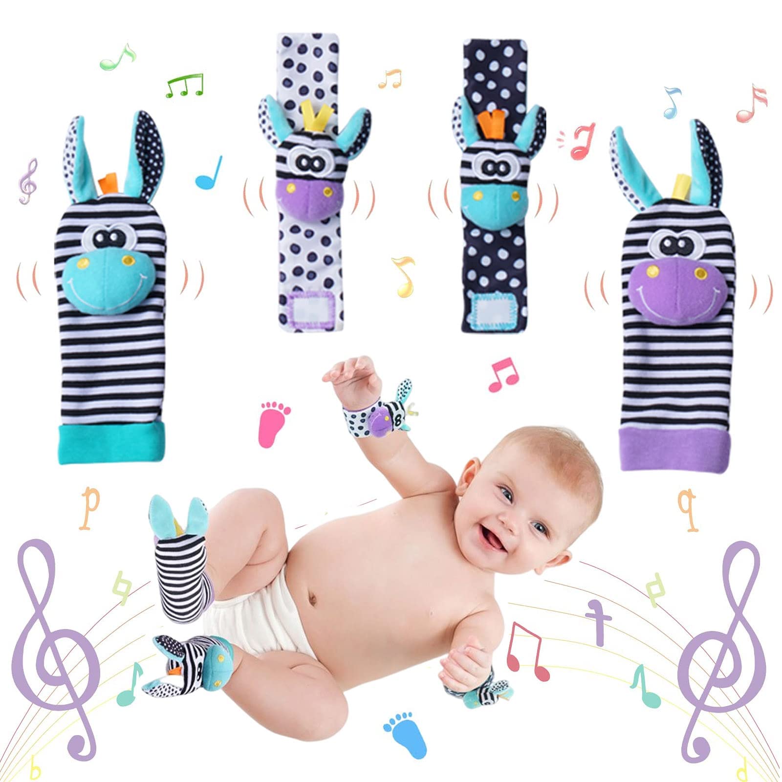 BIGTHREE Baby Wrist Rattles Toy, 4 Pieces Foot Finders Wrist Rattles Toys for Infants Sensory Developmental, Arm Wristband Foot Finder Sock Multicolour Hand and Feet Rattle Toys for Newborn