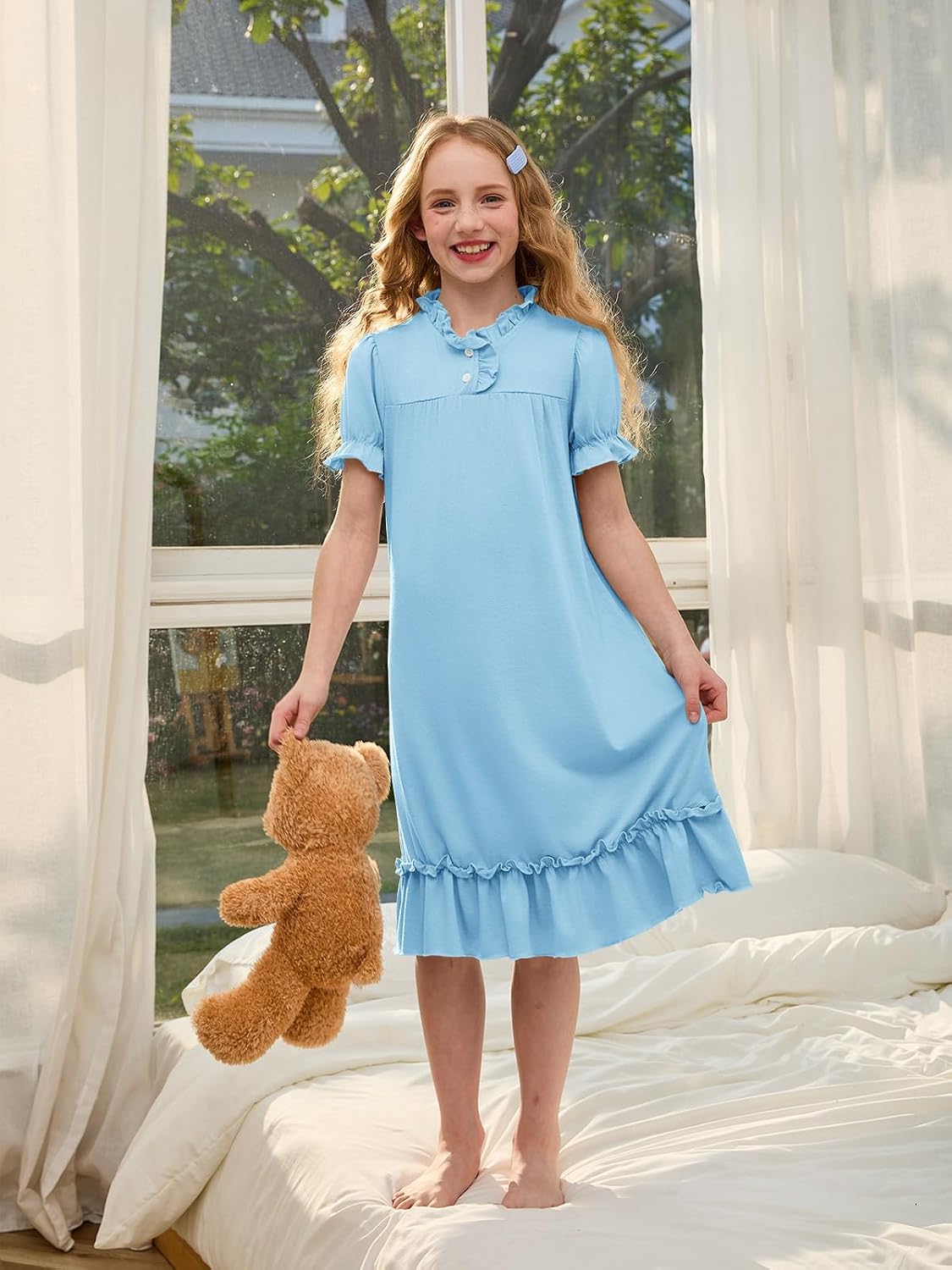 rrhss Girls Nightgowns Puff Short Sleeve Ruffle Collar Soft Sleepwear
